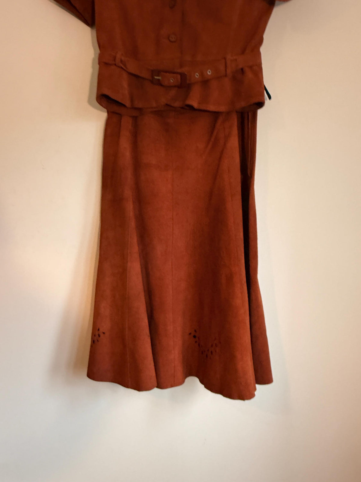 Vintage 1970s Rust Suede Skirt Suit, Cutwork Detail Belted Short Sleeve Jacket Flared Two Piece Made in England Labelled UK 16, Boho Outfit