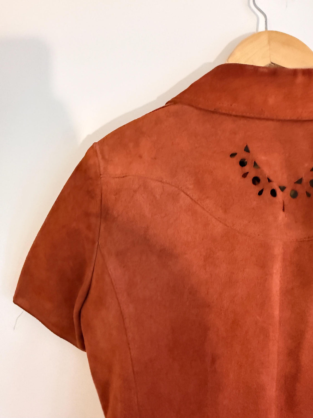 Vintage 1970s Rust Suede Skirt Suit, Cutwork Detail Belted Short Sleeve Jacket Flared Two Piece Made in England Labelled UK 16, Boho Outfit
