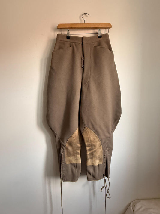 1920s 1930s Vintage Riding Breeches – Brown Wool Equestrian Jodhpurs with Suede Knee Patches – High Waist Button Fly