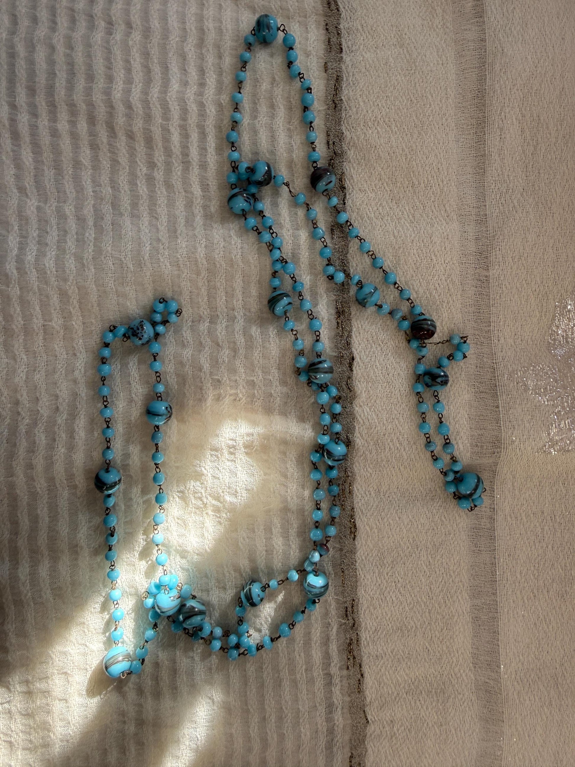 1920s Art Deco Czech Glass Sautoir Necklace, Turquoise Blue Lampwork Beads, Extra Long Flapper Necklace