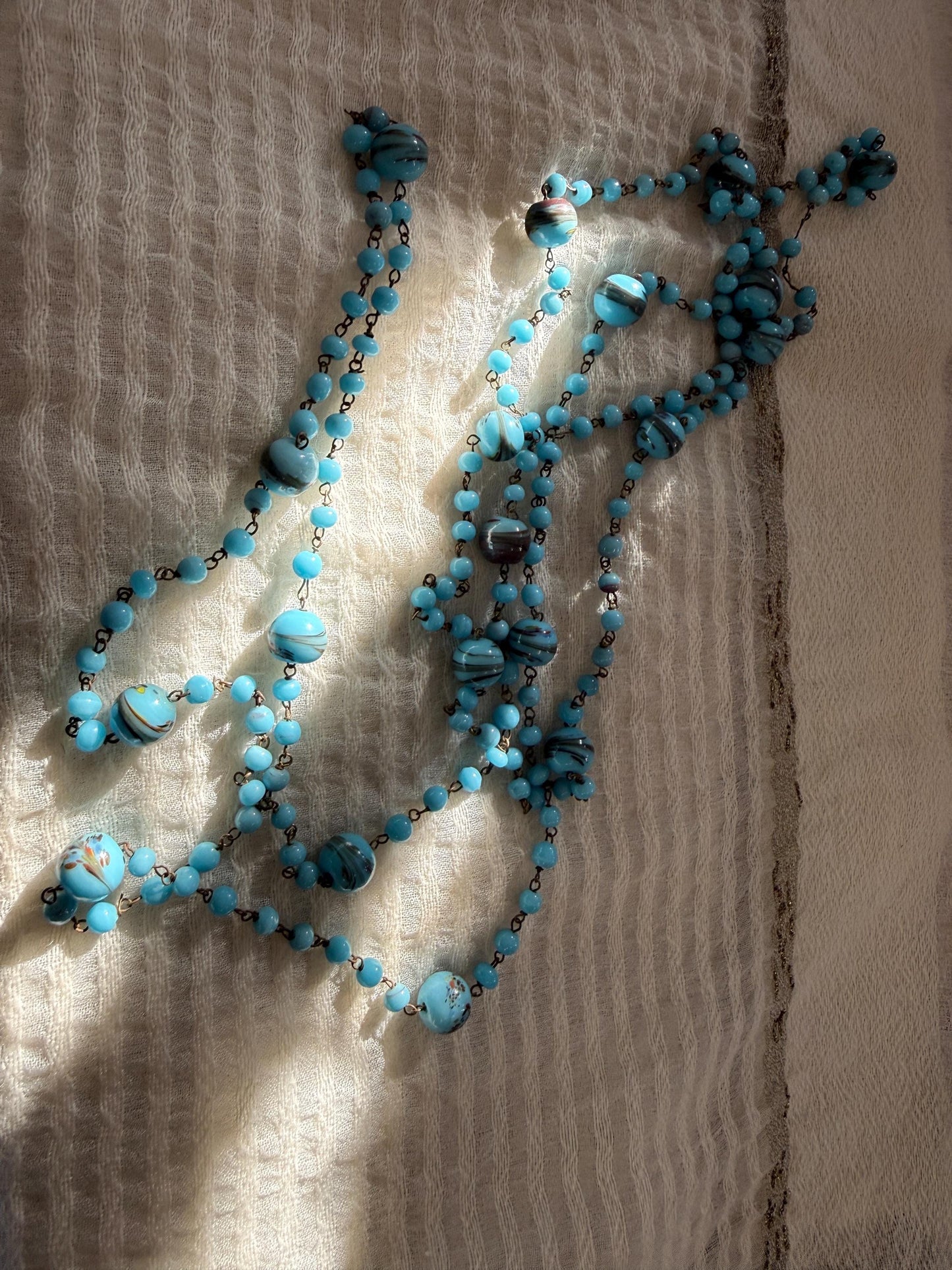1920s Art Deco Czech Glass Sautoir Necklace, Turquoise Blue Lampwork Beads, Extra Long Flapper Necklace