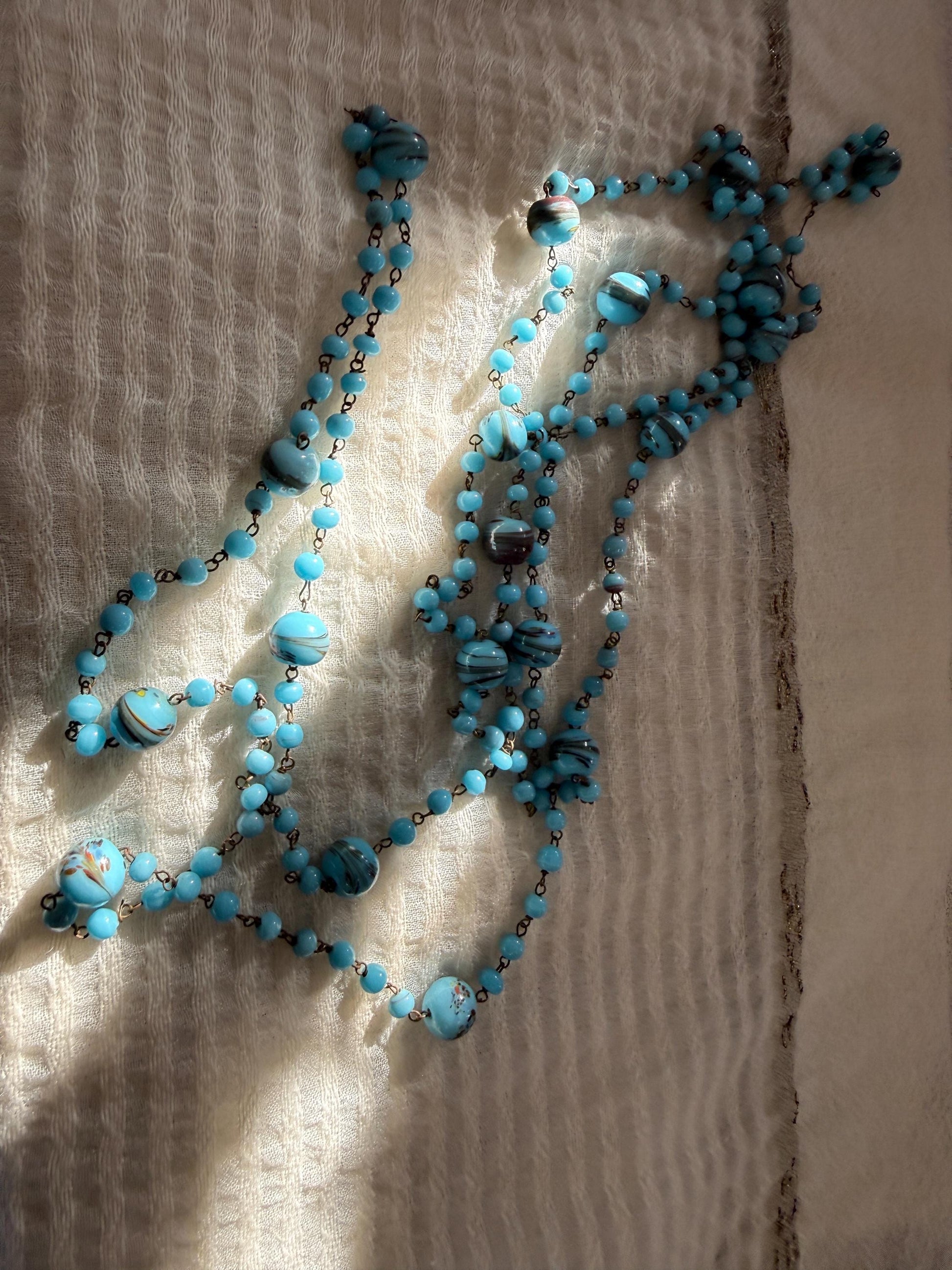1920s Art Deco Czech Glass Sautoir Necklace, Turquoise Blue Lampwork Beads, Extra Long Flapper Necklace