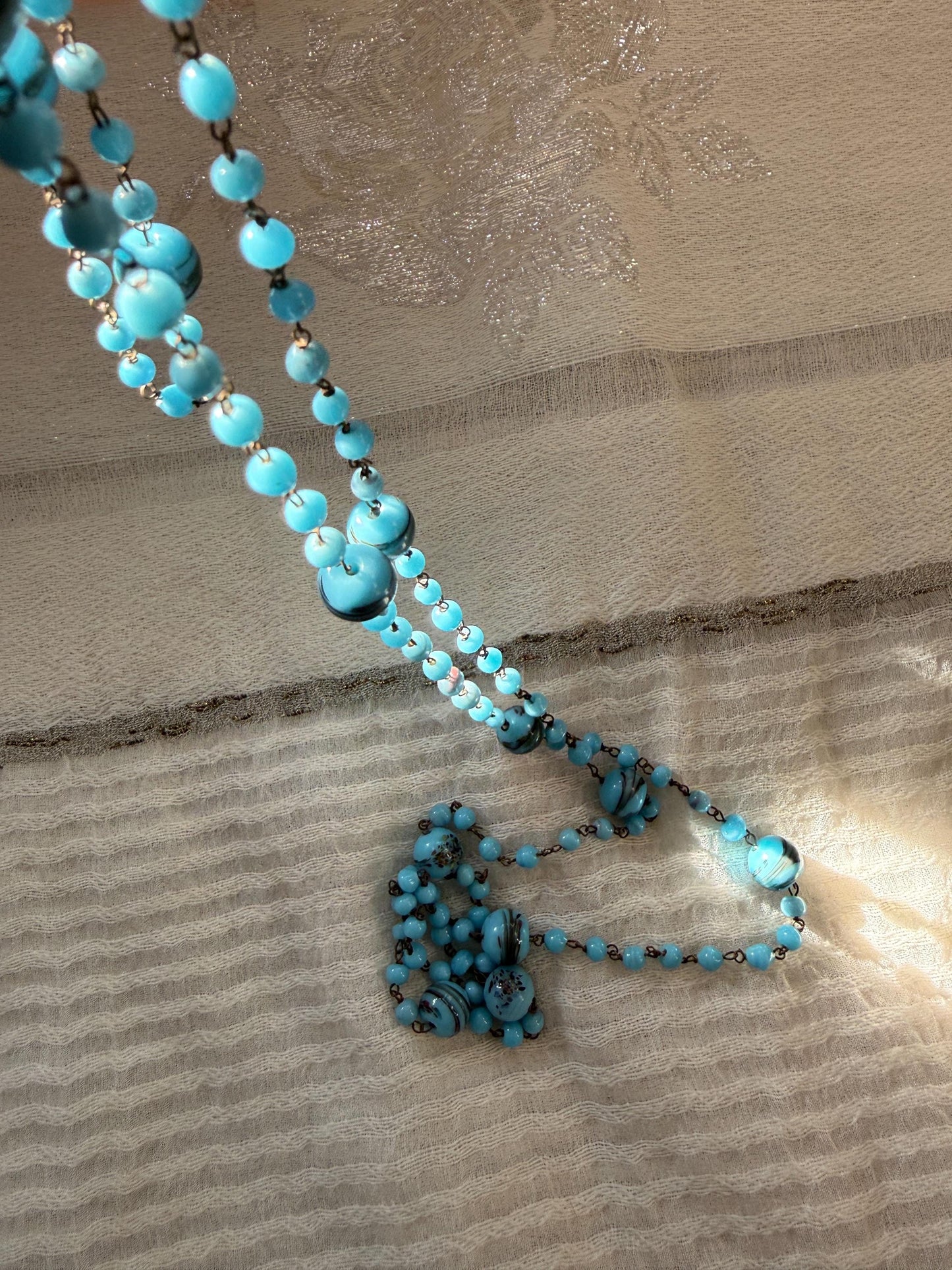 1920s Art Deco Czech Glass Sautoir Necklace, Turquoise Blue Lampwork Beads, Extra Long Flapper Necklace