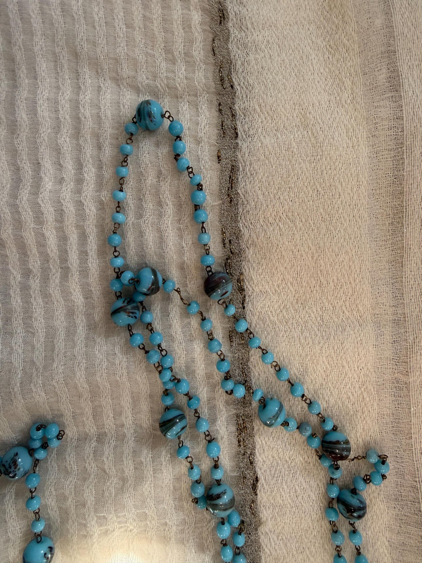 1920s Art Deco Czech Glass Sautoir Necklace, Turquoise Blue Lampwork Beads, Extra Long Flapper Necklace