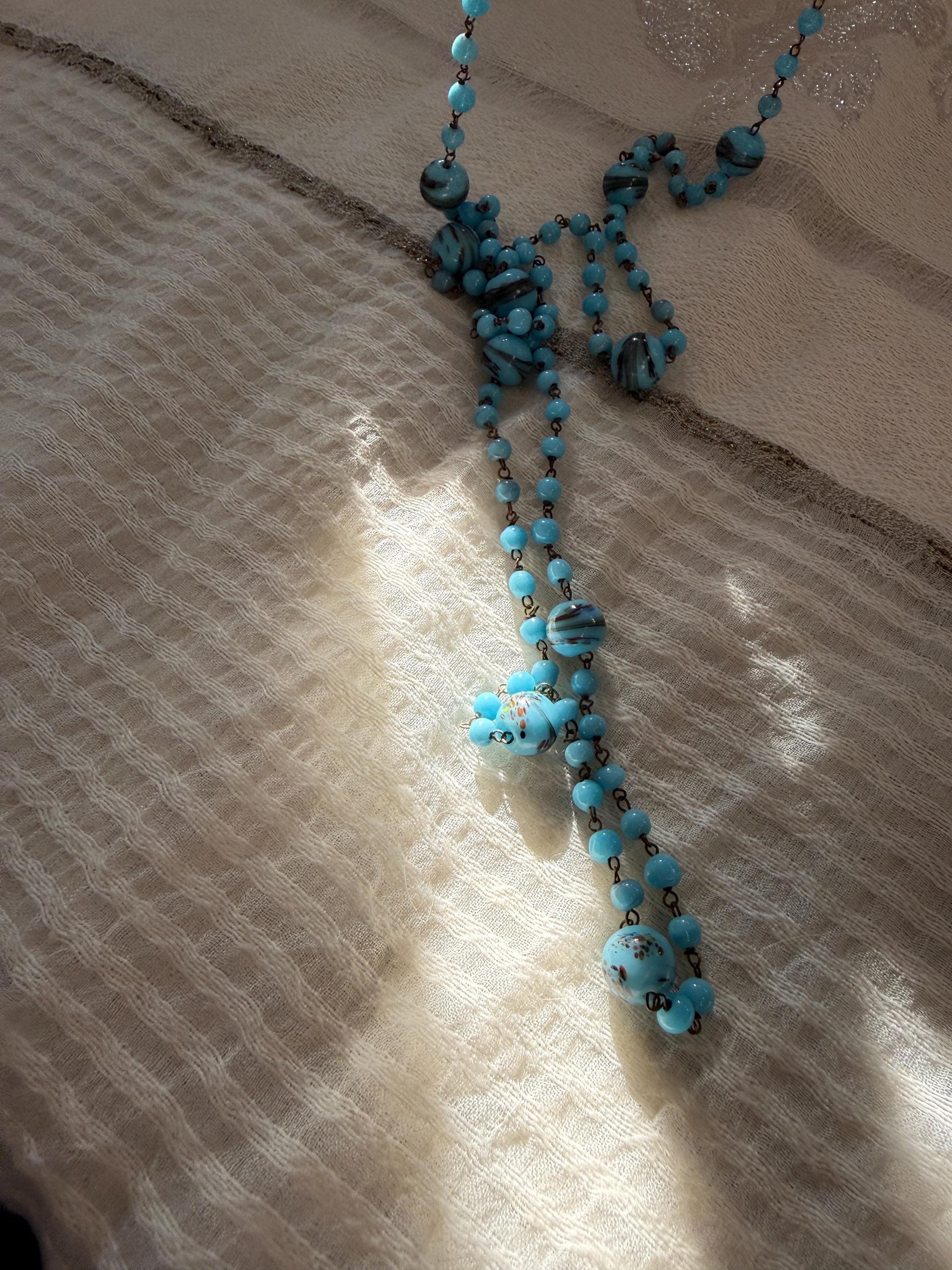 1920s Art Deco Czech Glass Sautoir Necklace, Turquoise Blue Lampwork Beads, Extra Long Flapper Necklace