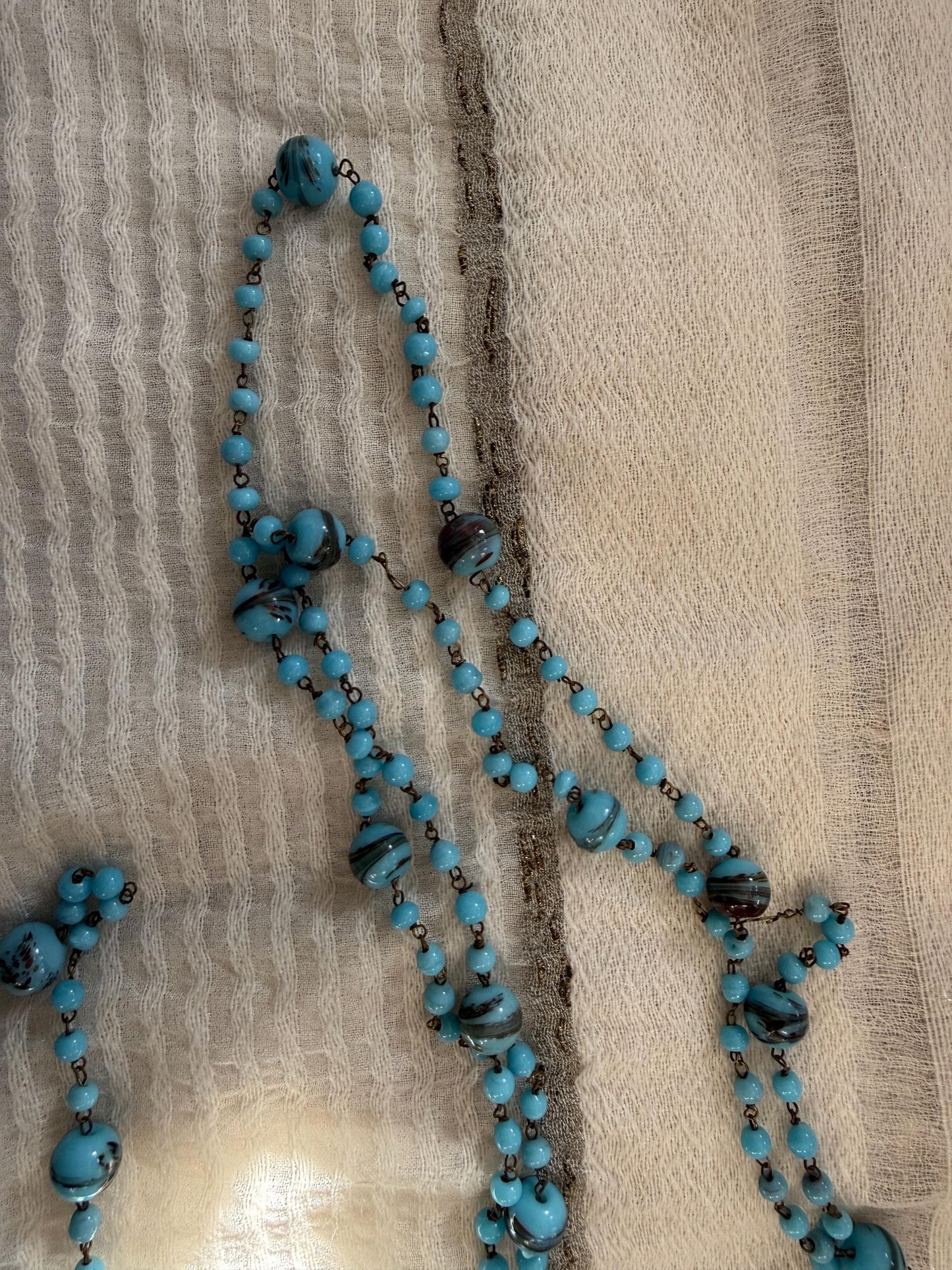 1920s Art Deco Czech Glass Sautoir Necklace, Turquoise Blue Lampwork Beads, Extra Long Flapper Necklace