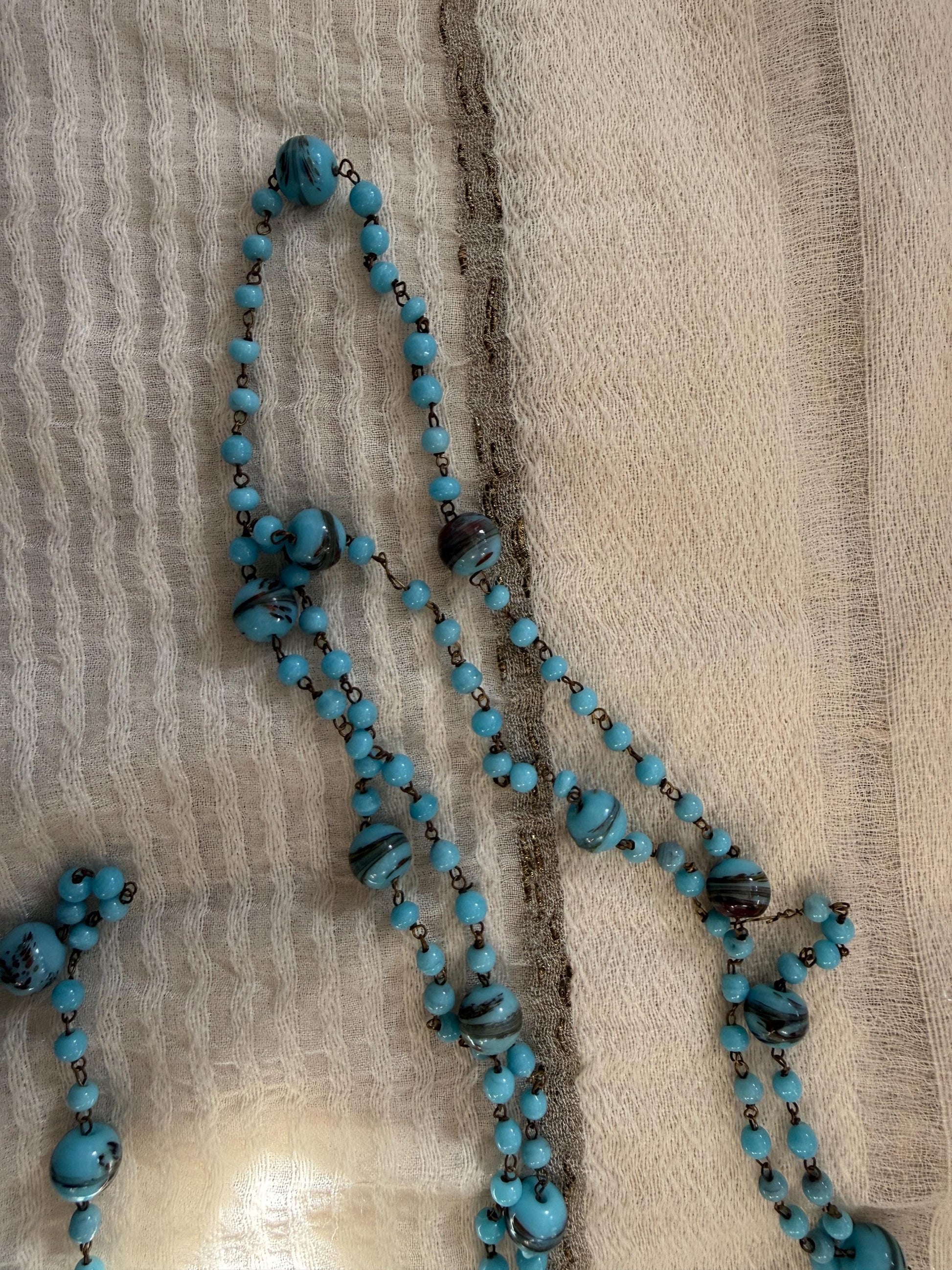 1920s Art Deco Czech Glass Sautoir Necklace, Turquoise Blue Lampwork Beads, Extra Long Flapper Necklace