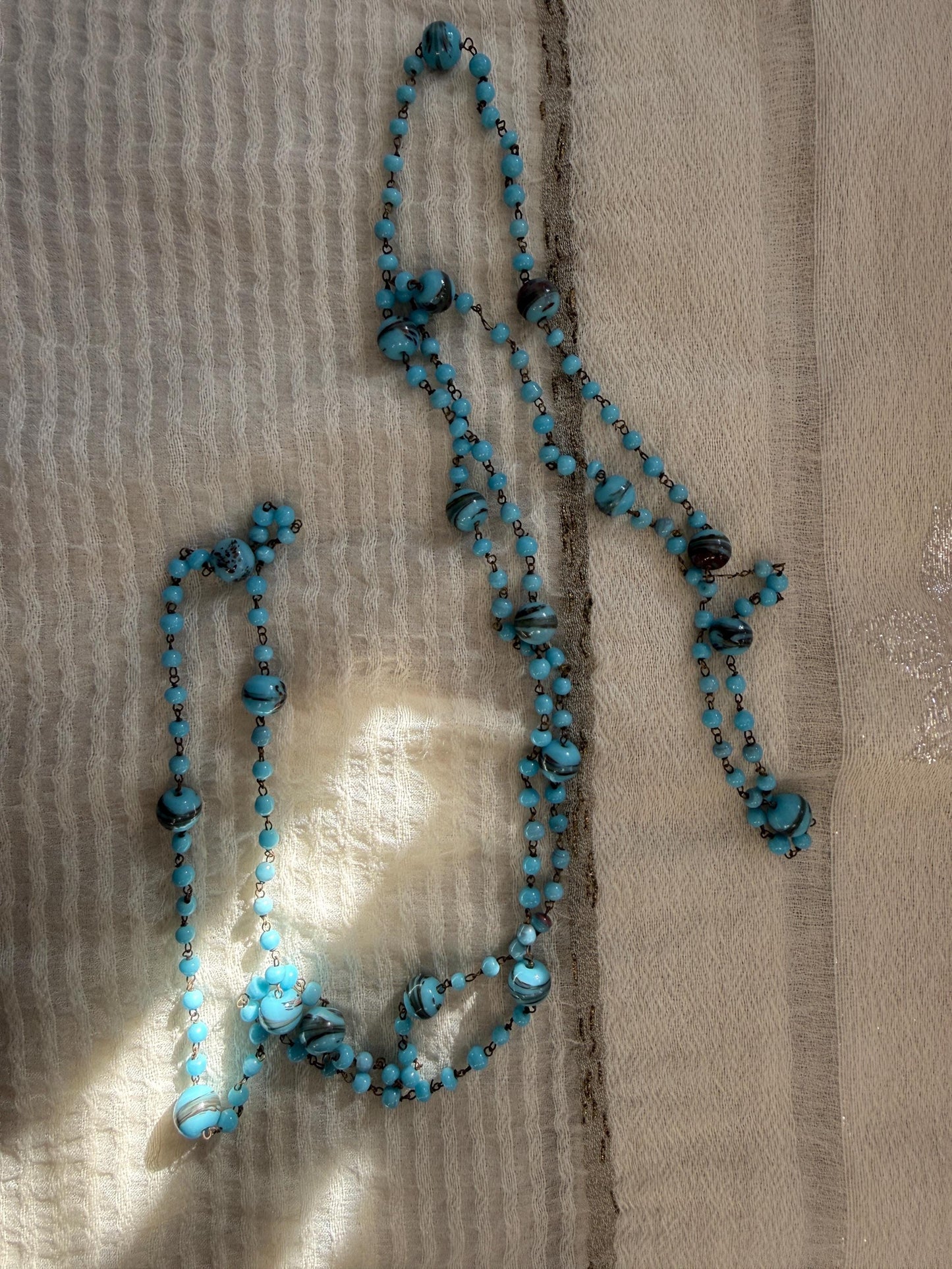 1920s Art Deco Czech Glass Sautoir Necklace, Turquoise Blue Lampwork Beads, Extra Long Flapper Necklace