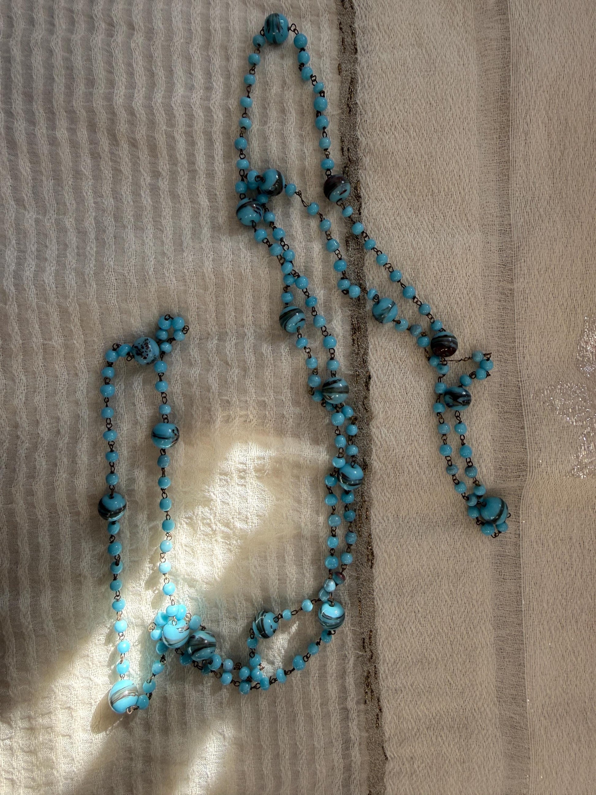 1920s Art Deco Czech Glass Sautoir Necklace, Turquoise Blue Lampwork Beads, Extra Long Flapper Necklace