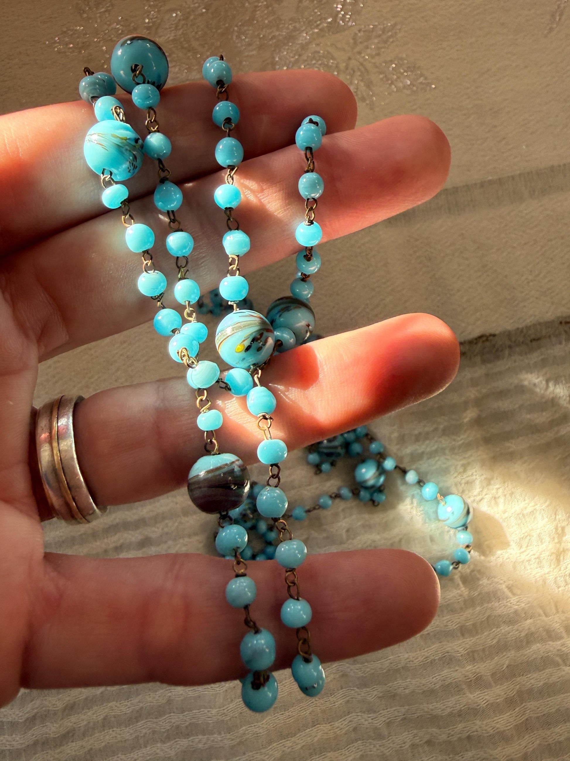 1920s Art Deco Czech Glass Sautoir Necklace, Turquoise Blue Lampwork Beads, Extra Long Flapper Necklace