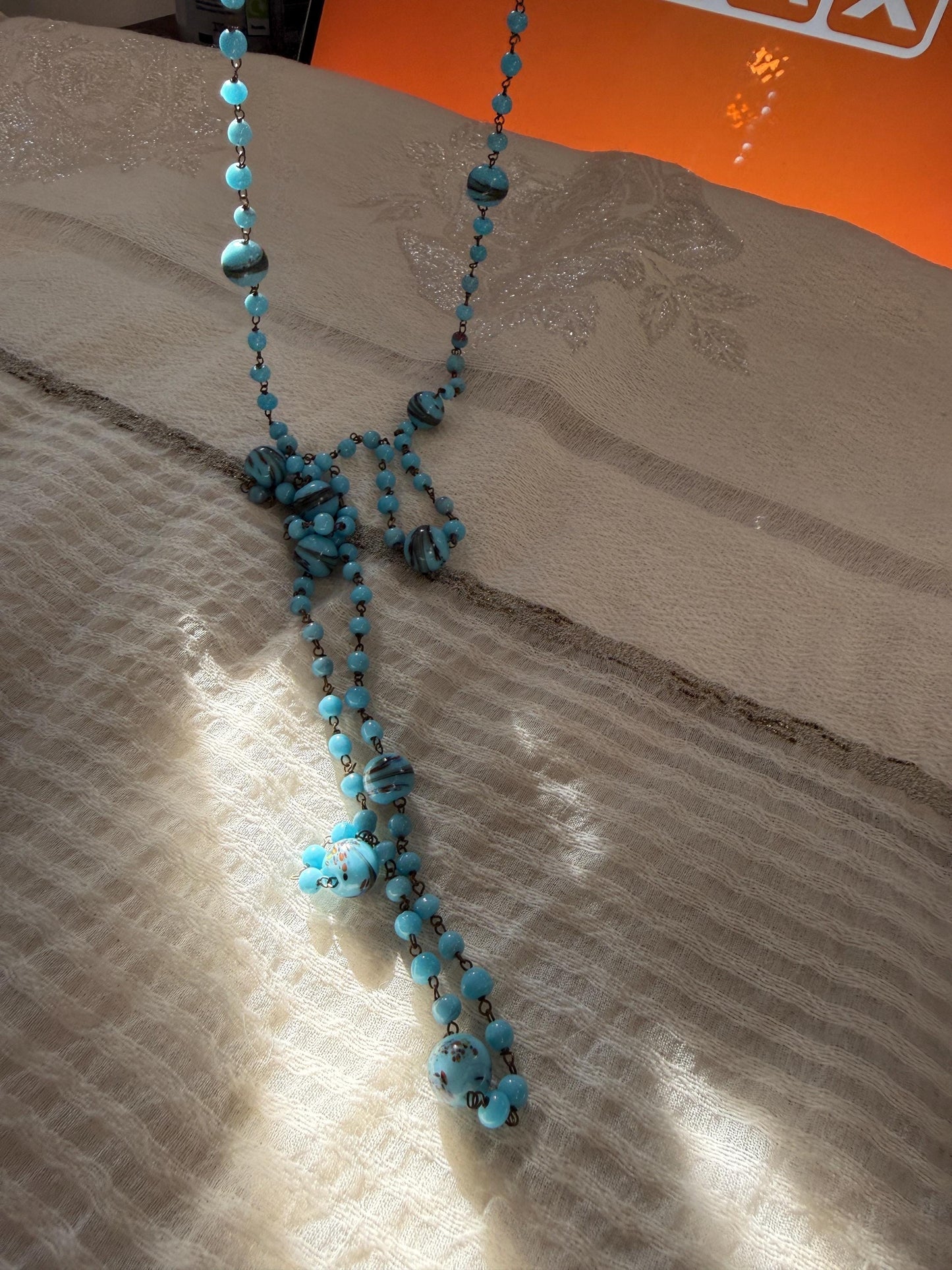 1920s Art Deco Czech Glass Sautoir Necklace, Turquoise Blue Lampwork Beads, Extra Long Flapper Necklace