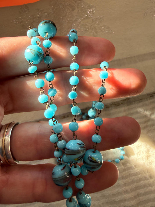 1920s Art Deco Czech Glass Sautoir Necklace, Turquoise Blue Lampwork Beads, Extra Long Flapper Necklace