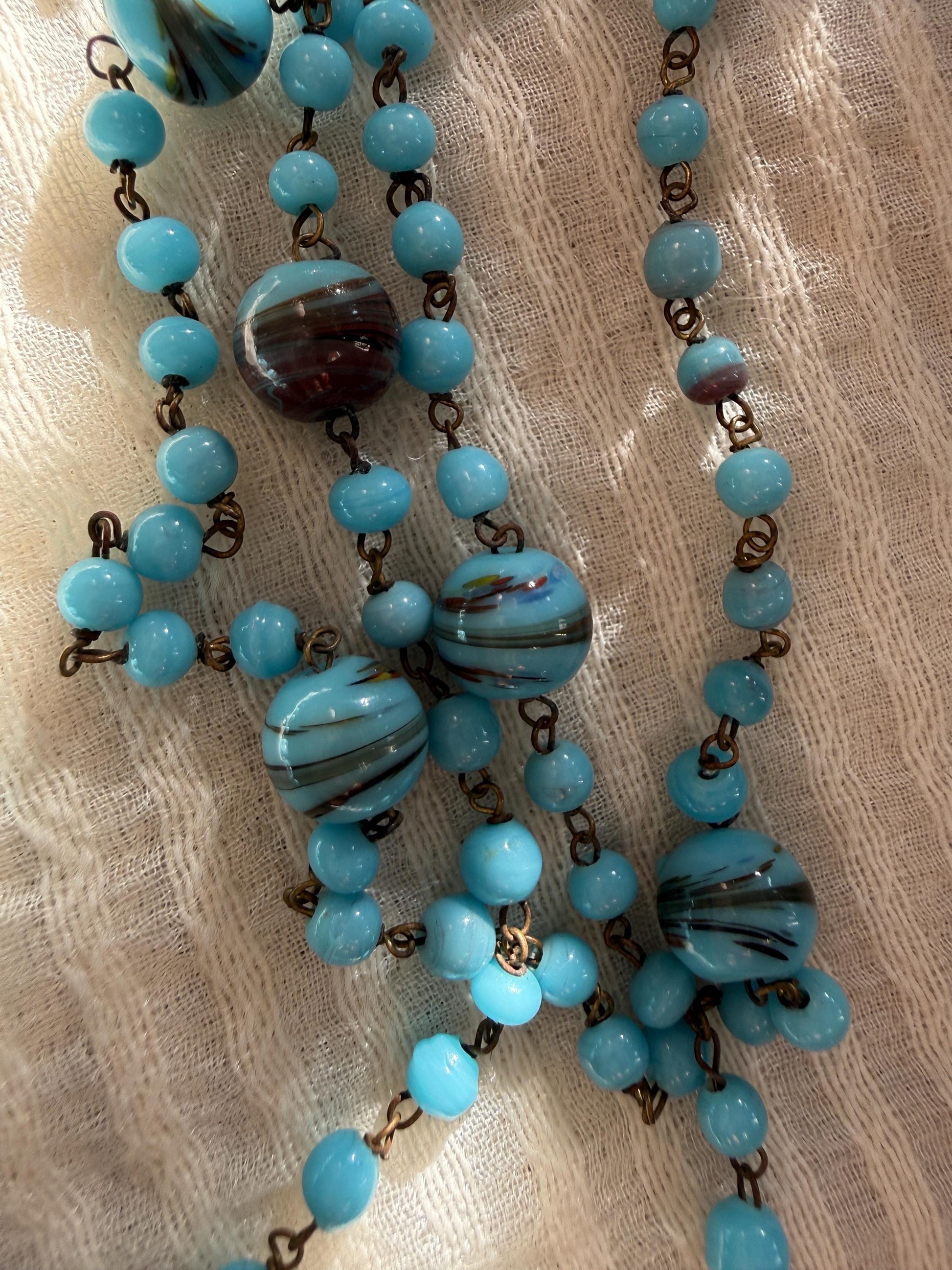 1920s Art Deco Czech Glass Sautoir Necklace, Turquoise Blue Lampwork Beads, Extra Long Flapper Necklace