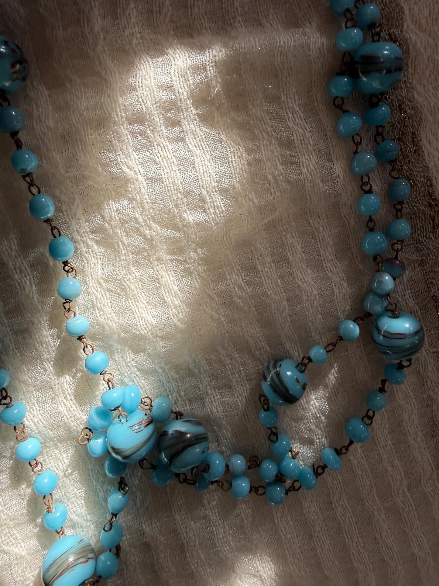 1920s Art Deco Czech Glass Sautoir Necklace, Turquoise Blue Lampwork Beads, Extra Long Flapper Necklace