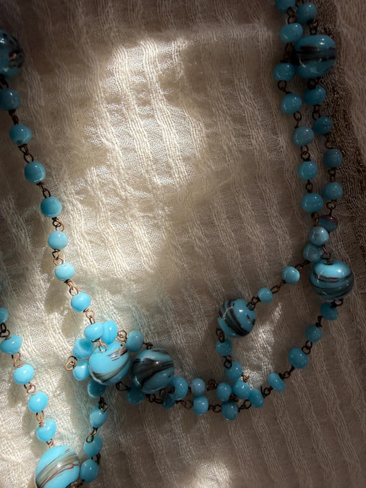 1920s Art Deco Czech Glass Sautoir Necklace, Turquoise Blue Lampwork Beads, Extra Long Flapper Necklace
