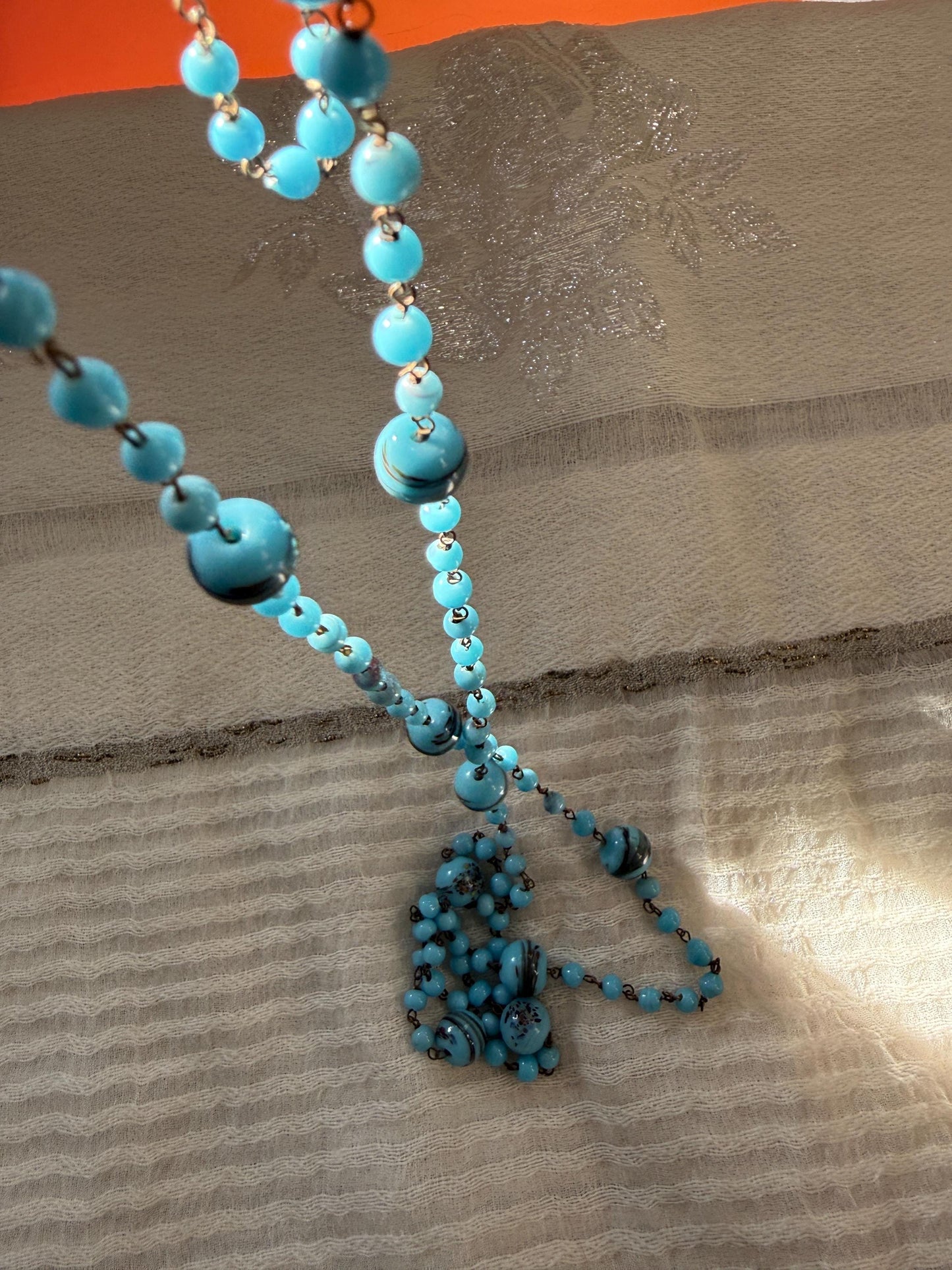 1920s Art Deco Czech Glass Sautoir Necklace, Turquoise Blue Lampwork Beads, Extra Long Flapper Necklace