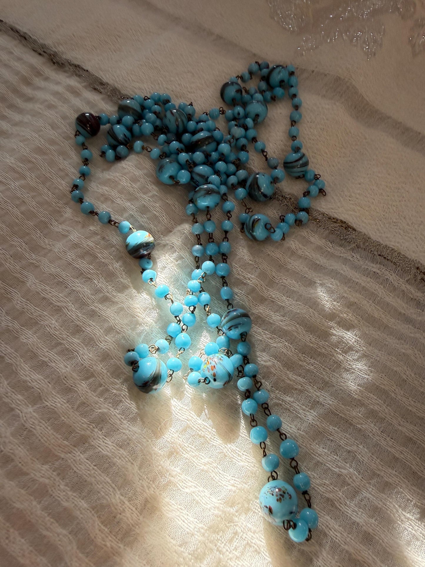 1920s Art Deco Czech Glass Sautoir Necklace, Turquoise Blue Lampwork Beads, Extra Long Flapper Necklace