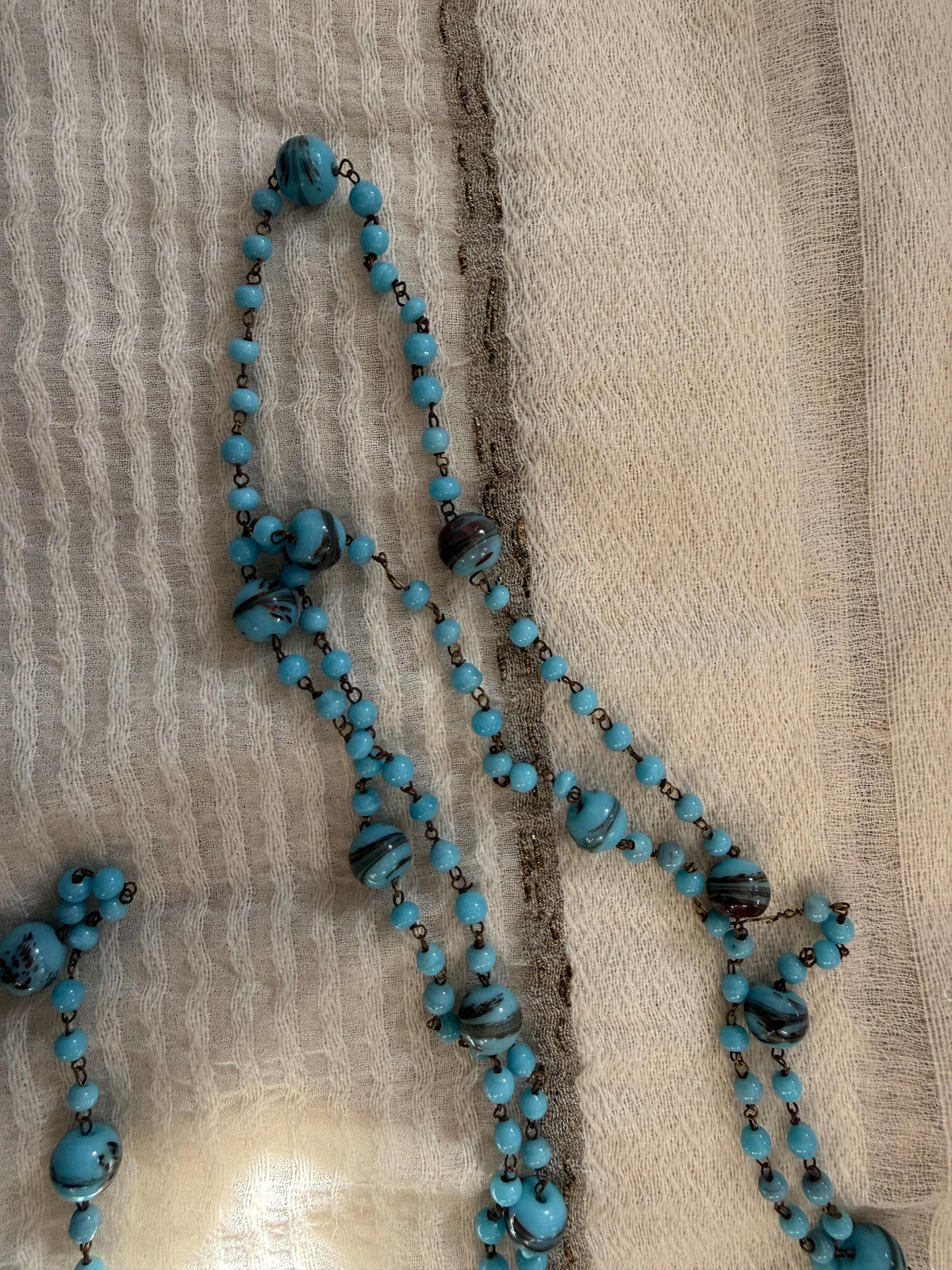 1920s Art Deco Czech Glass Sautoir Necklace, Turquoise Blue Lampwork Beads, Extra Long Flapper Necklace