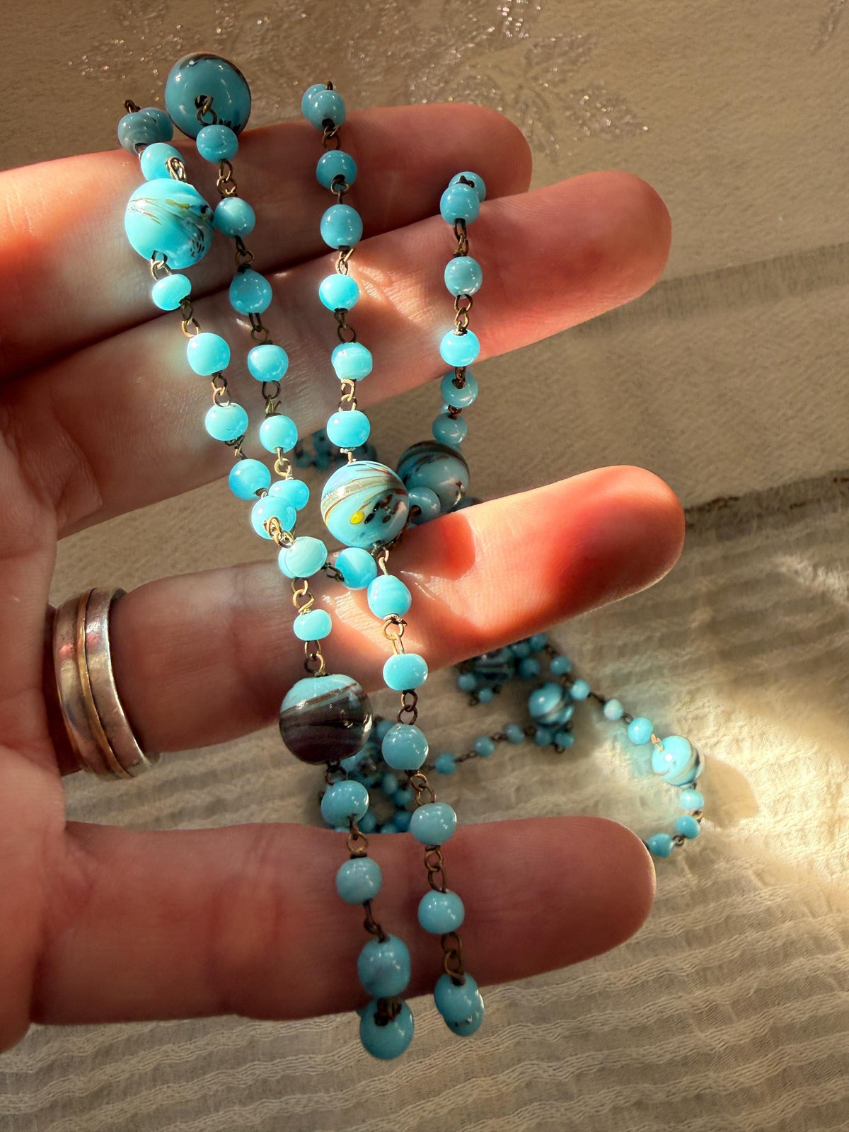 1920s Art Deco Czech Glass Sautoir Necklace, Turquoise Blue Lampwork Beads, Extra Long Flapper Necklace