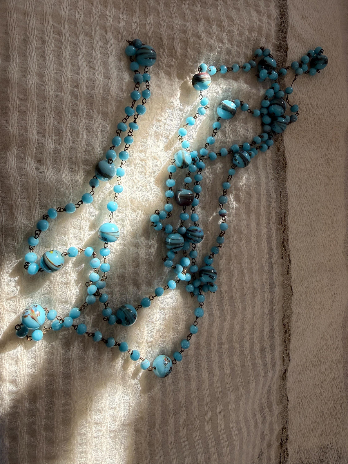 1920s Art Deco Czech Glass Sautoir Necklace, Turquoise Blue Lampwork Beads, Extra Long Flapper Necklace