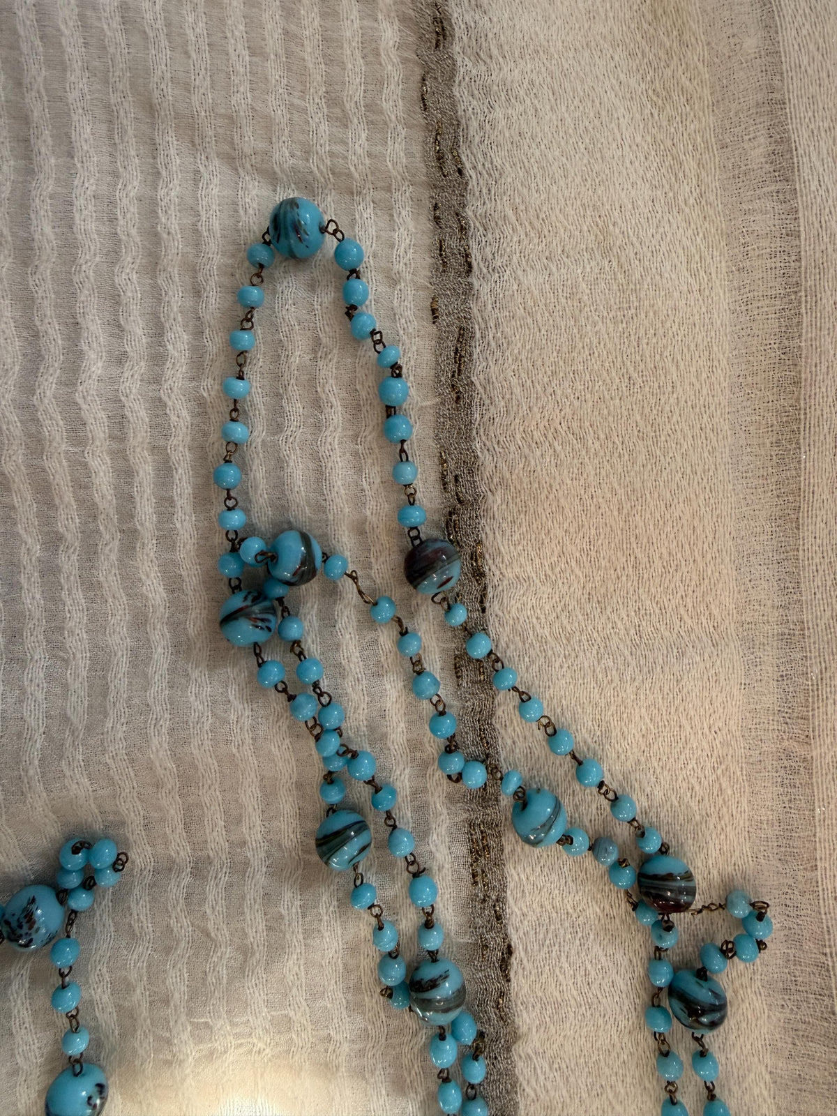 1920s Art Deco Czech Glass Sautoir Necklace, Turquoise Blue Lampwork Beads, Extra Long Flapper Necklace