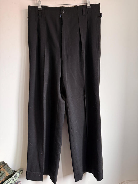 1930s 1940s Vintage Womens Black Wool Trousers – High Waist Pleated Button Fly – Side Adjusters