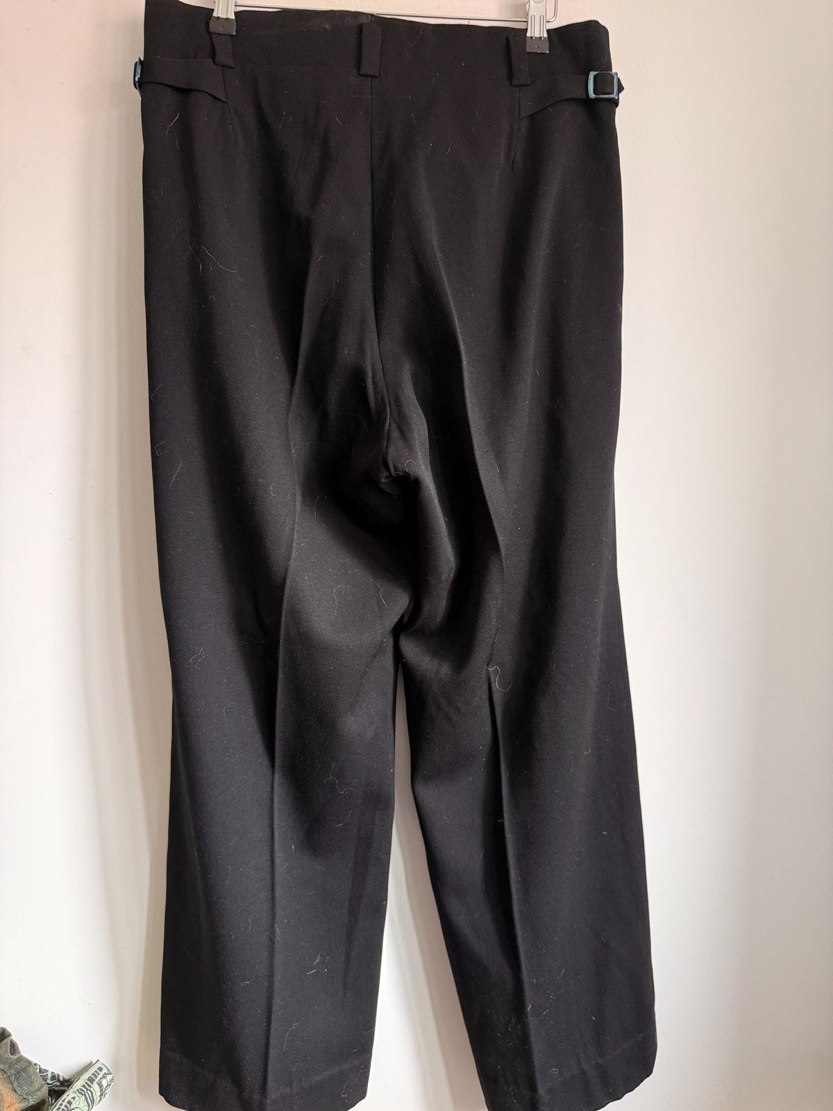 1930s 1940s Vintage Womens Black Wool Trousers – High Waist Pleated Button Fly – Side Adjusters