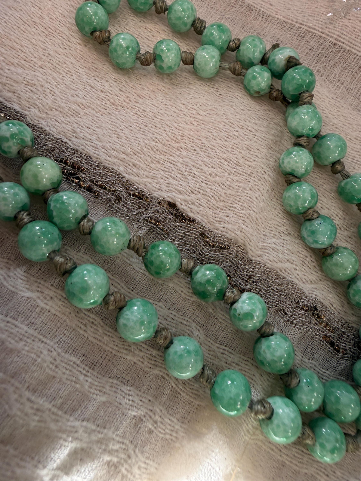 1930s Art Deco Green Glass Bead Necklace, Graduated Knotted Czech Crumb Glass Beads, Long Flapper Sautoir