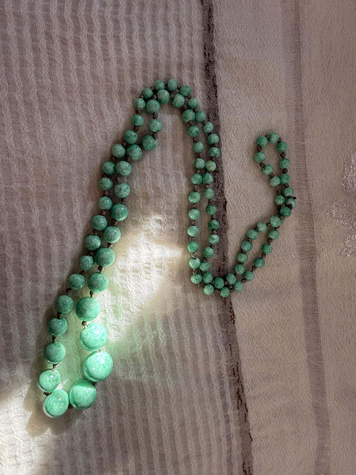1930s Art Deco Green Glass Bead Necklace, Graduated Knotted Czech Crumb Glass Beads, Long Flapper Sautoir