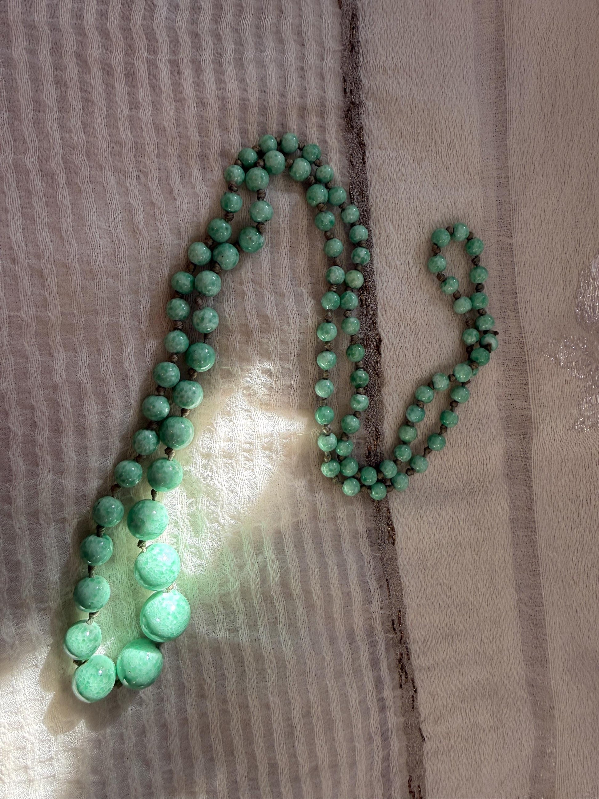 1930s Art Deco Green Glass Bead Necklace, Graduated Knotted Czech Crumb Glass Beads, Long Flapper Sautoir