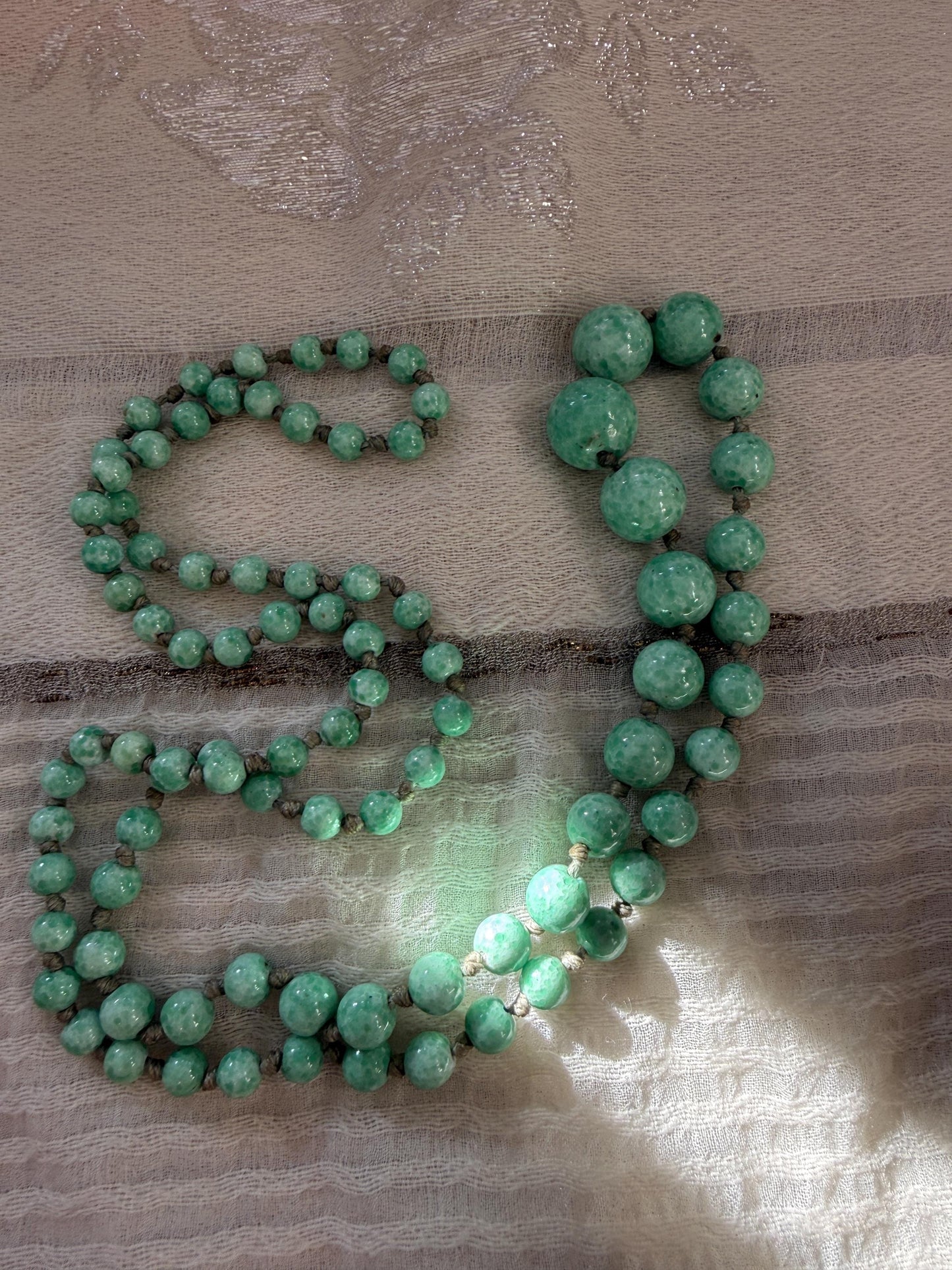 1930s Art Deco Green Glass Bead Necklace, Graduated Knotted Czech Crumb Glass Beads, Long Flapper Sautoir