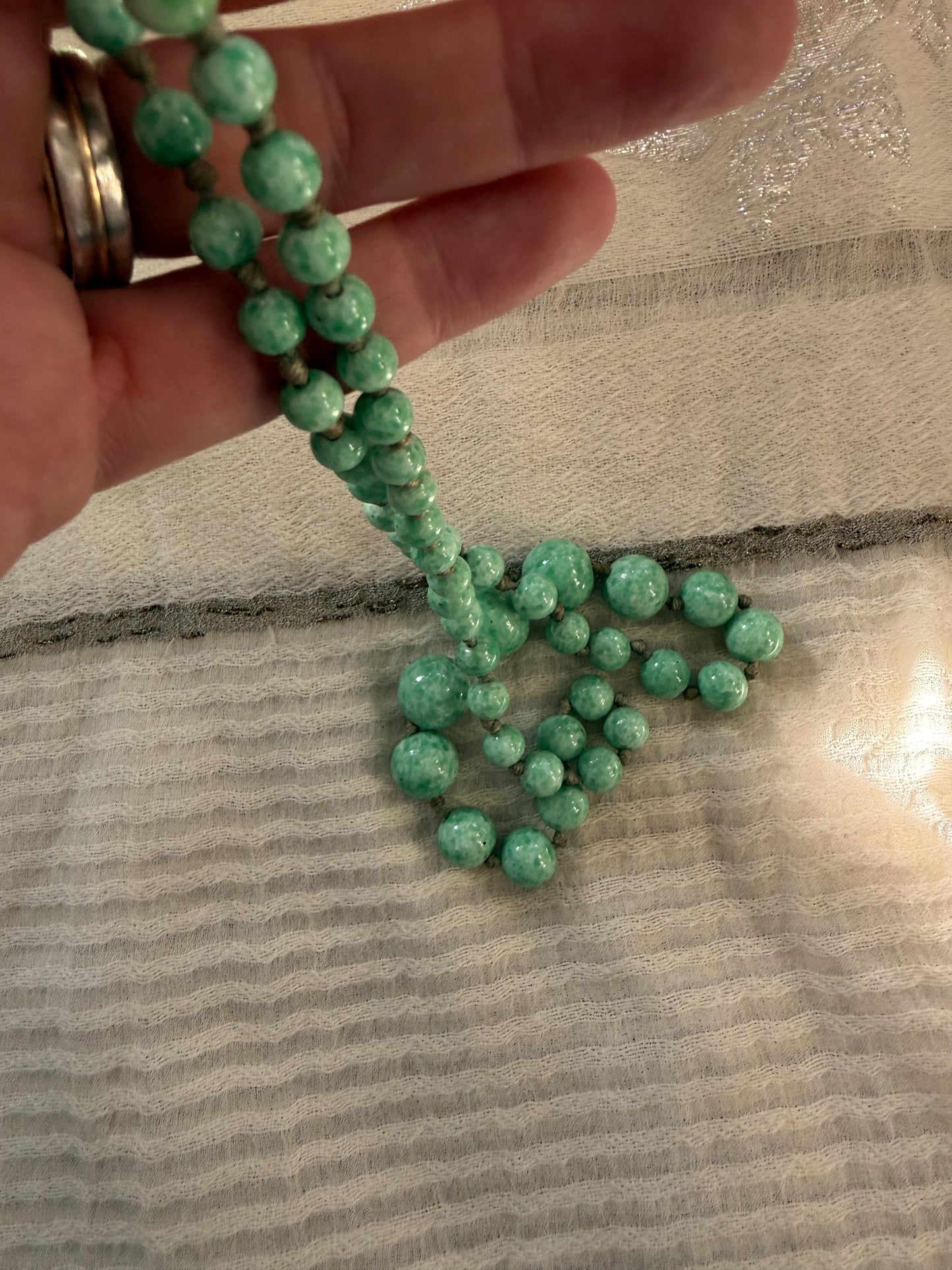 1930s Art Deco Green Glass Bead Necklace, Graduated Knotted Czech Crumb Glass Beads, Long Flapper Sautoir