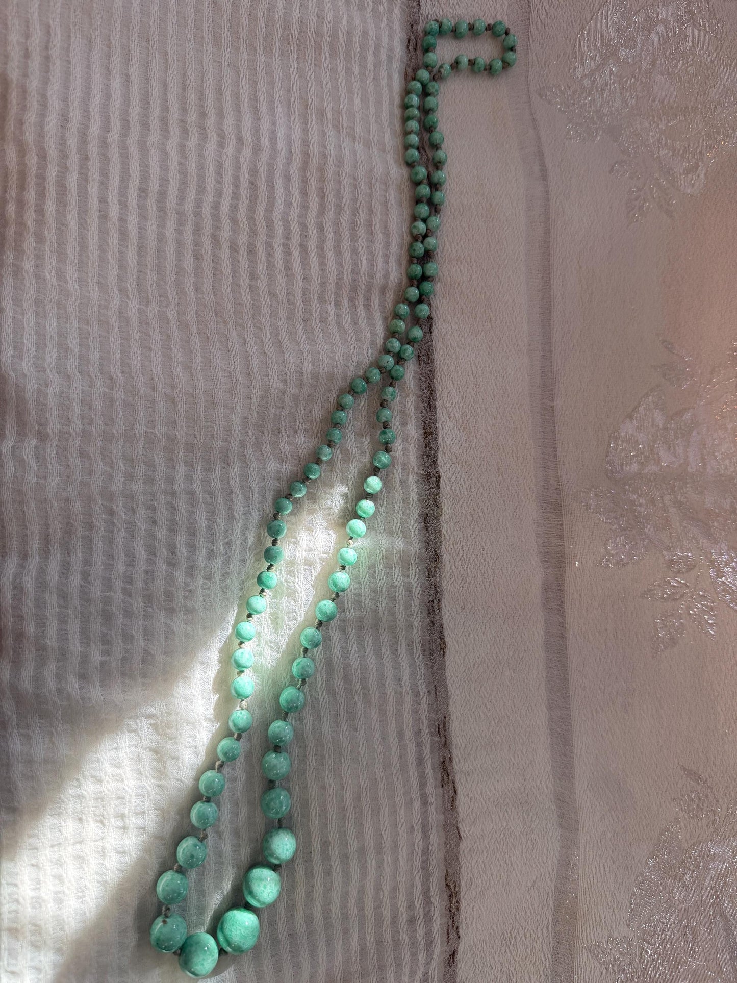 1930s Art Deco Green Glass Bead Necklace, Graduated Knotted Czech Crumb Glass Beads, Long Flapper Sautoir