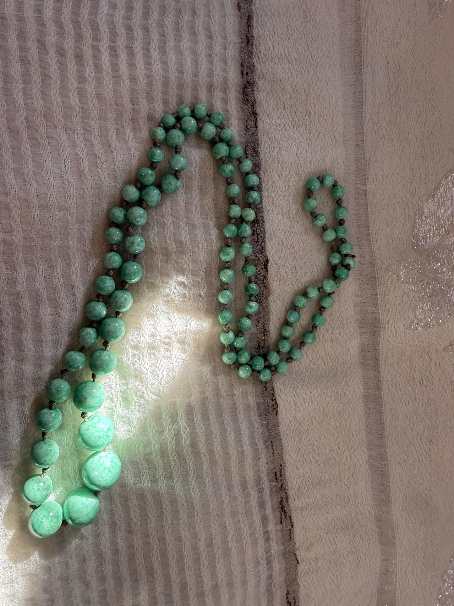 1930s Art Deco Green Glass Bead Necklace, Graduated Knotted Czech Crumb Glass Beads, Long Flapper Sautoir