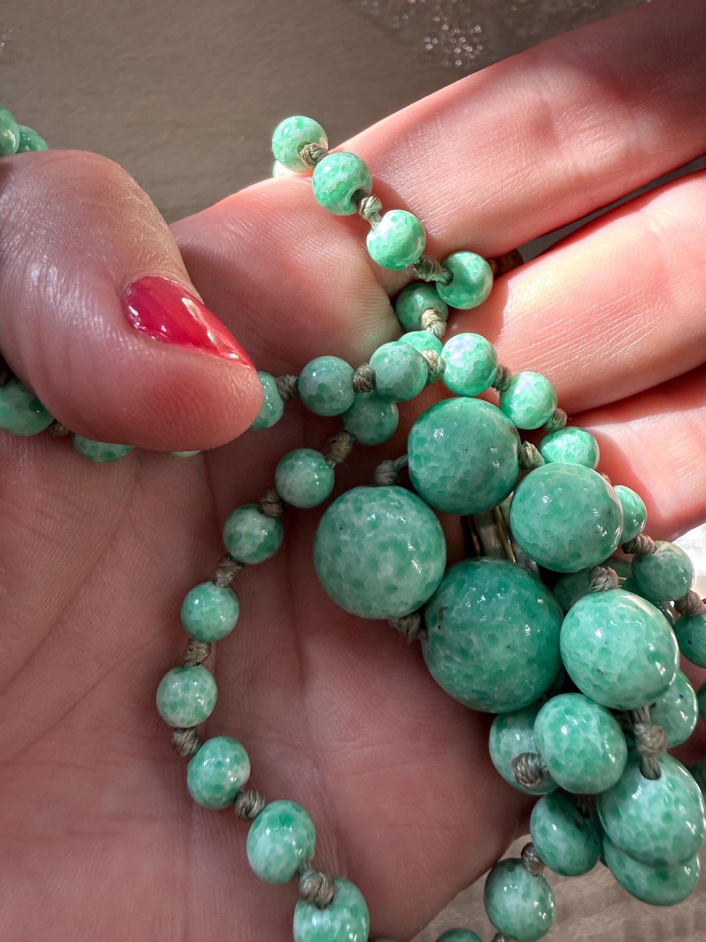 1930s Art Deco Green Glass Bead Necklace, Graduated Knotted Czech Crumb Glass Beads, Long Flapper Sautoir