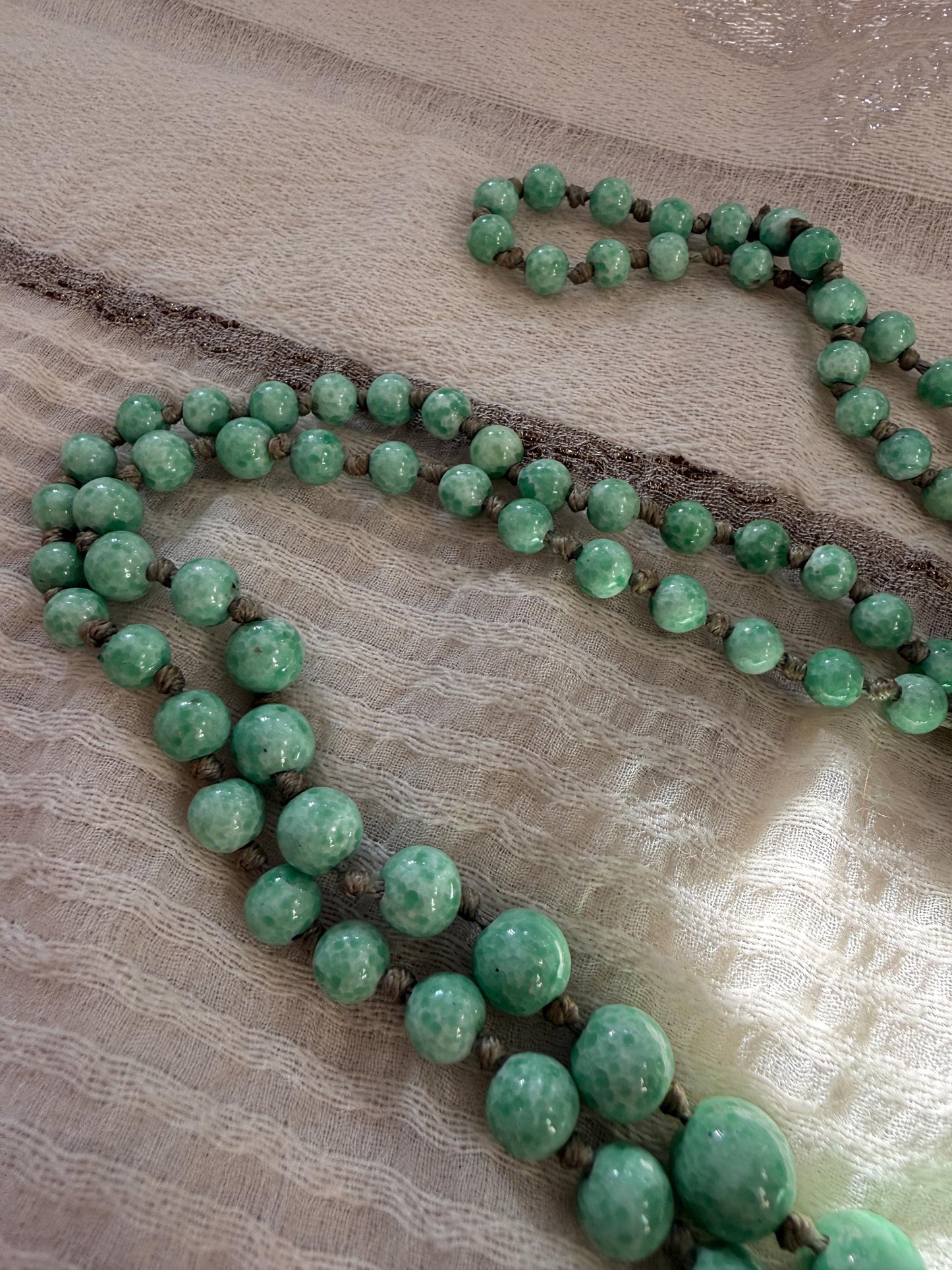 1930s Art Deco Green Glass Bead Necklace, Graduated Knotted Czech Crumb Glass Beads, Long Flapper Sautoir