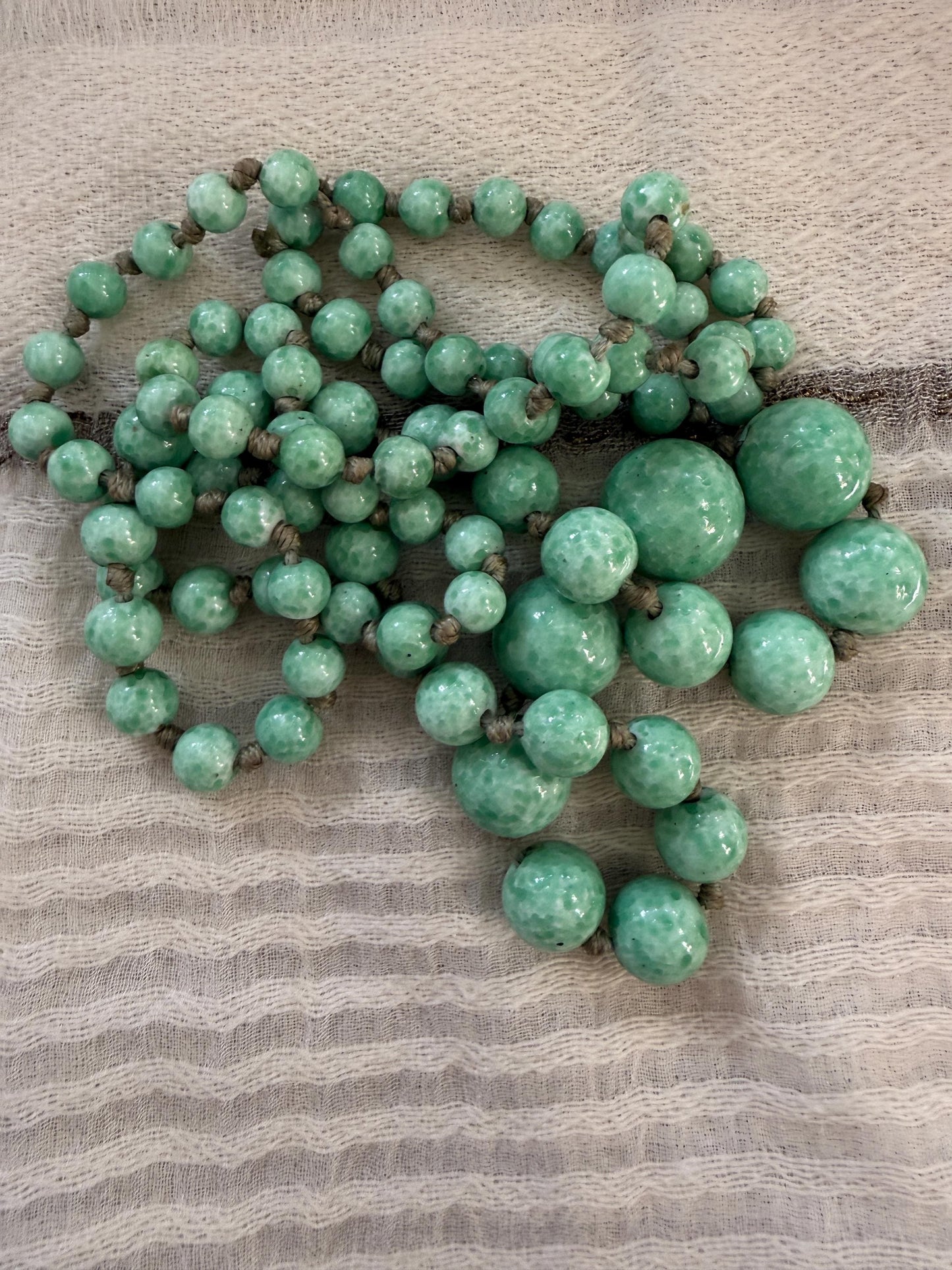 1930s Art Deco Green Glass Bead Necklace, Graduated Knotted Czech Crumb Glass Beads, Long Flapper Sautoir