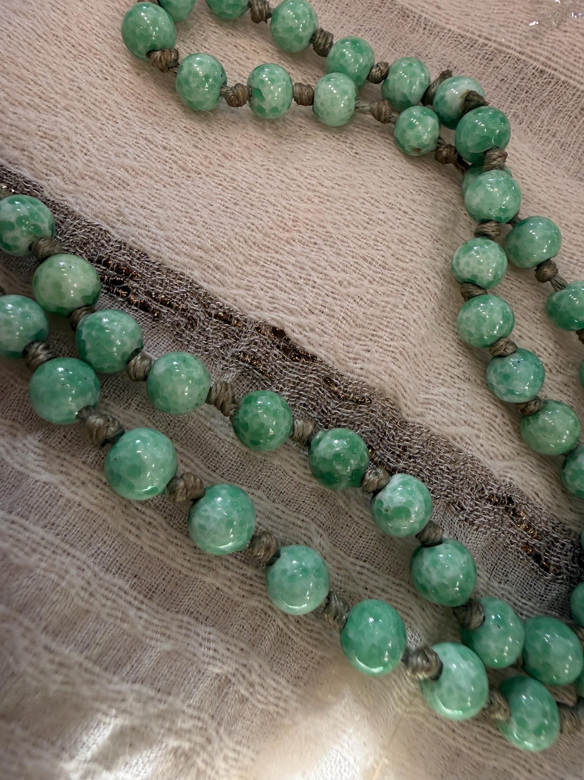 1930s Art Deco Green Glass Bead Necklace, Graduated Knotted Czech Crumb Glass Beads, Long Flapper Sautoir