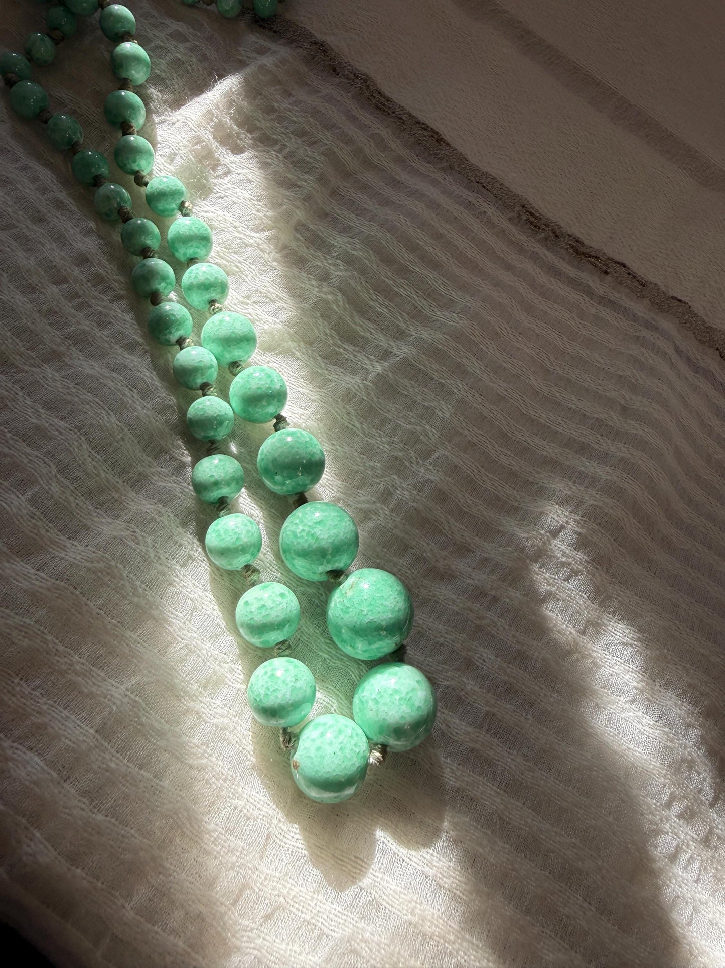1930s Art Deco Green Glass Bead Necklace, Graduated Knotted Czech Crumb Glass Beads, Long Flapper Sautoir
