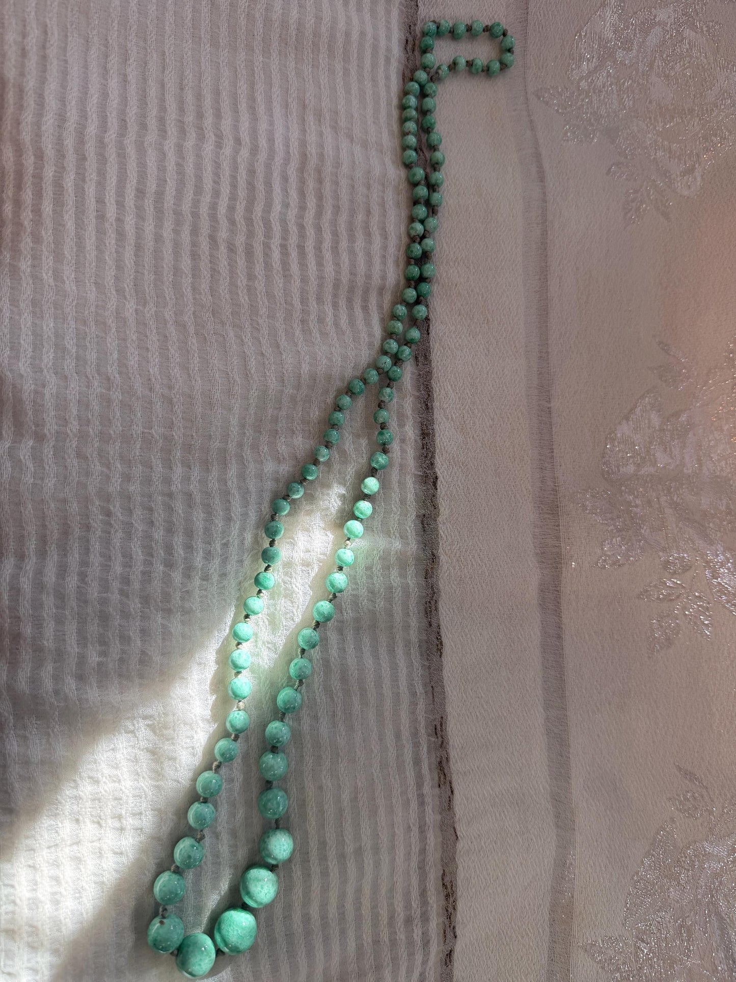 1930s Art Deco Green Glass Bead Necklace, Graduated Knotted Czech Crumb Glass Beads, Long Flapper Sautoir