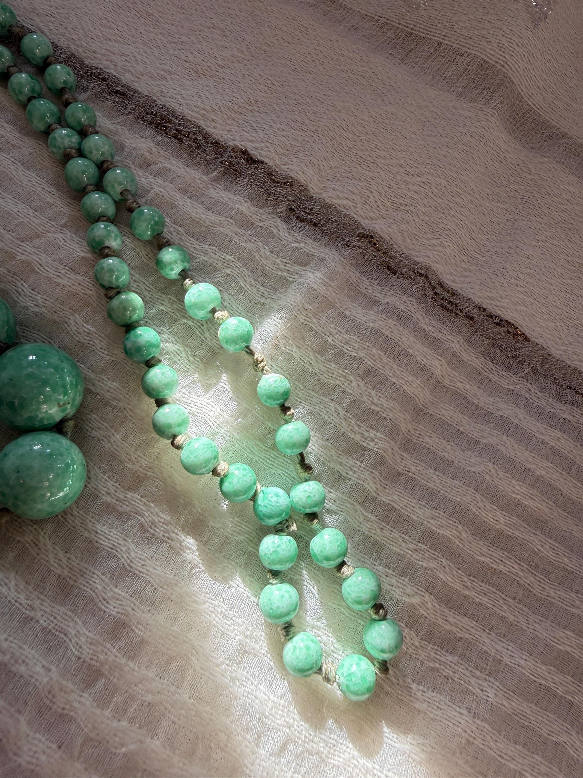 1930s Art Deco Green Glass Bead Necklace, Graduated Knotted Czech Crumb Glass Beads, Long Flapper Sautoir
