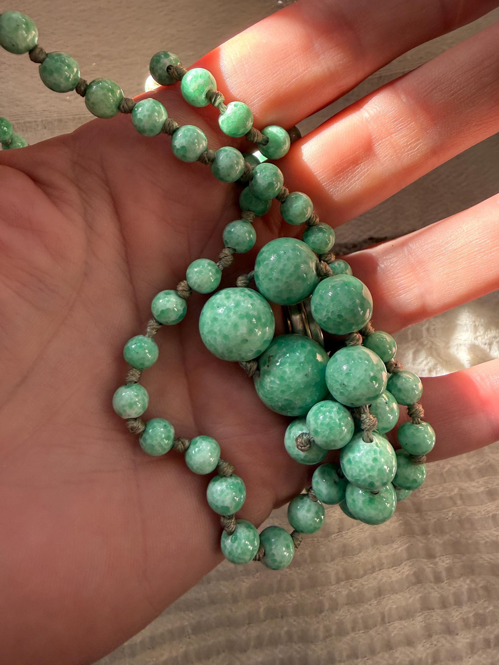 1930s Art Deco Green Glass Bead Necklace, Graduated Knotted Czech Crumb Glass Beads, Long Flapper Sautoir
