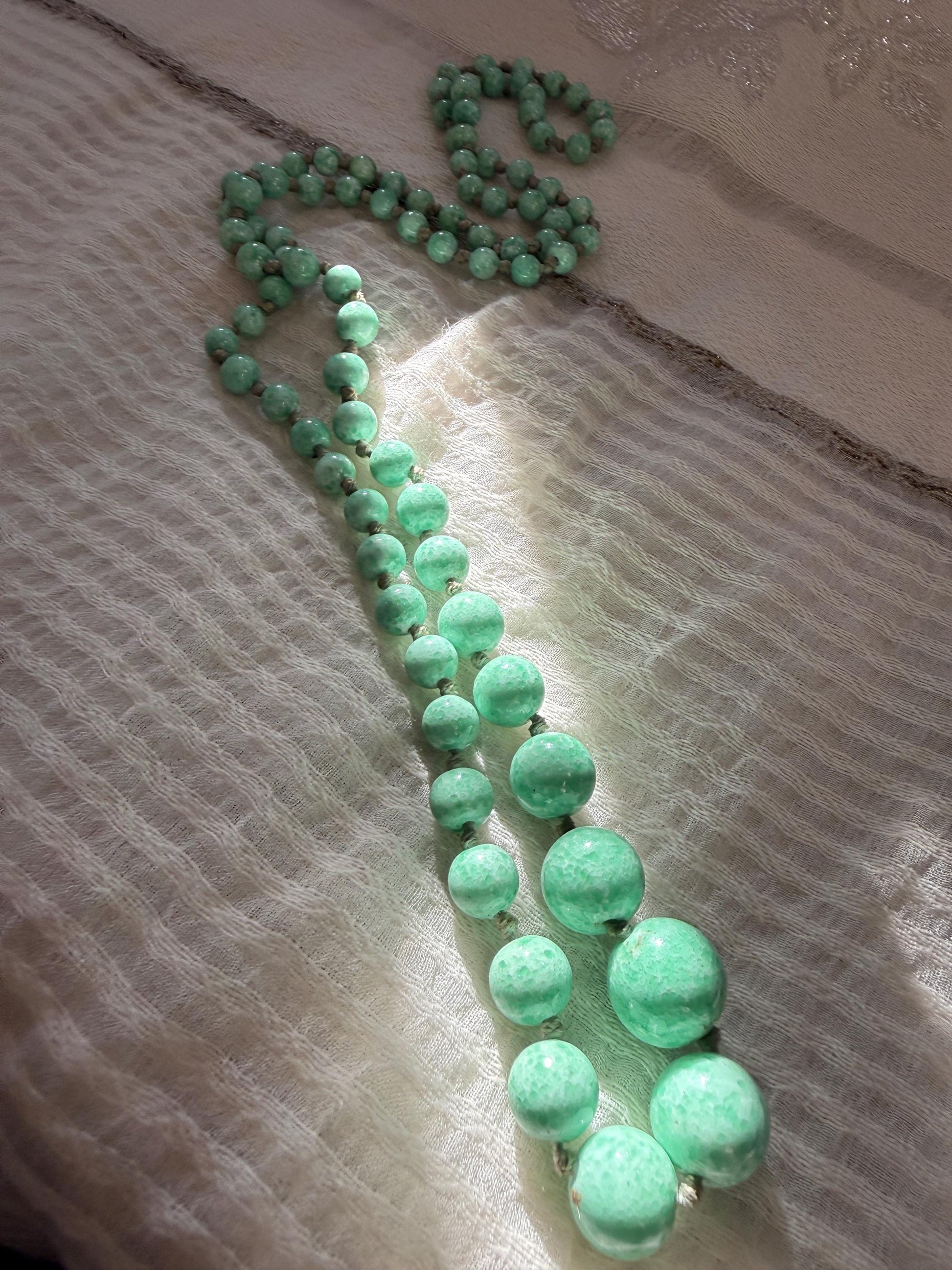 1930s Art Deco Green Glass Bead Necklace, Graduated Knotted Czech Crumb Glass Beads, Long Flapper Sautoir