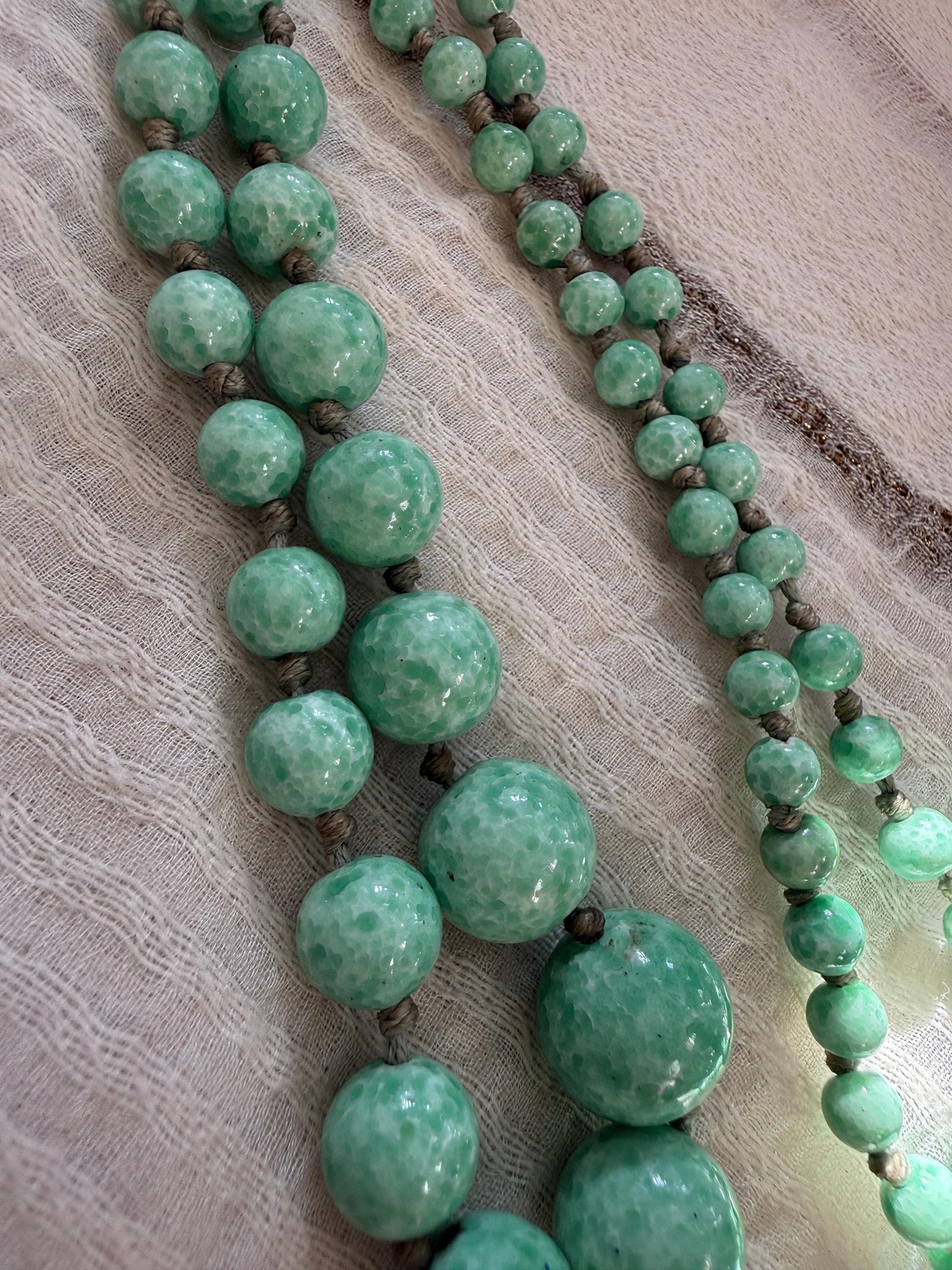 1930s Art Deco Green Glass Bead Necklace, Graduated Knotted Czech Crumb Glass Beads, Long Flapper Sautoir