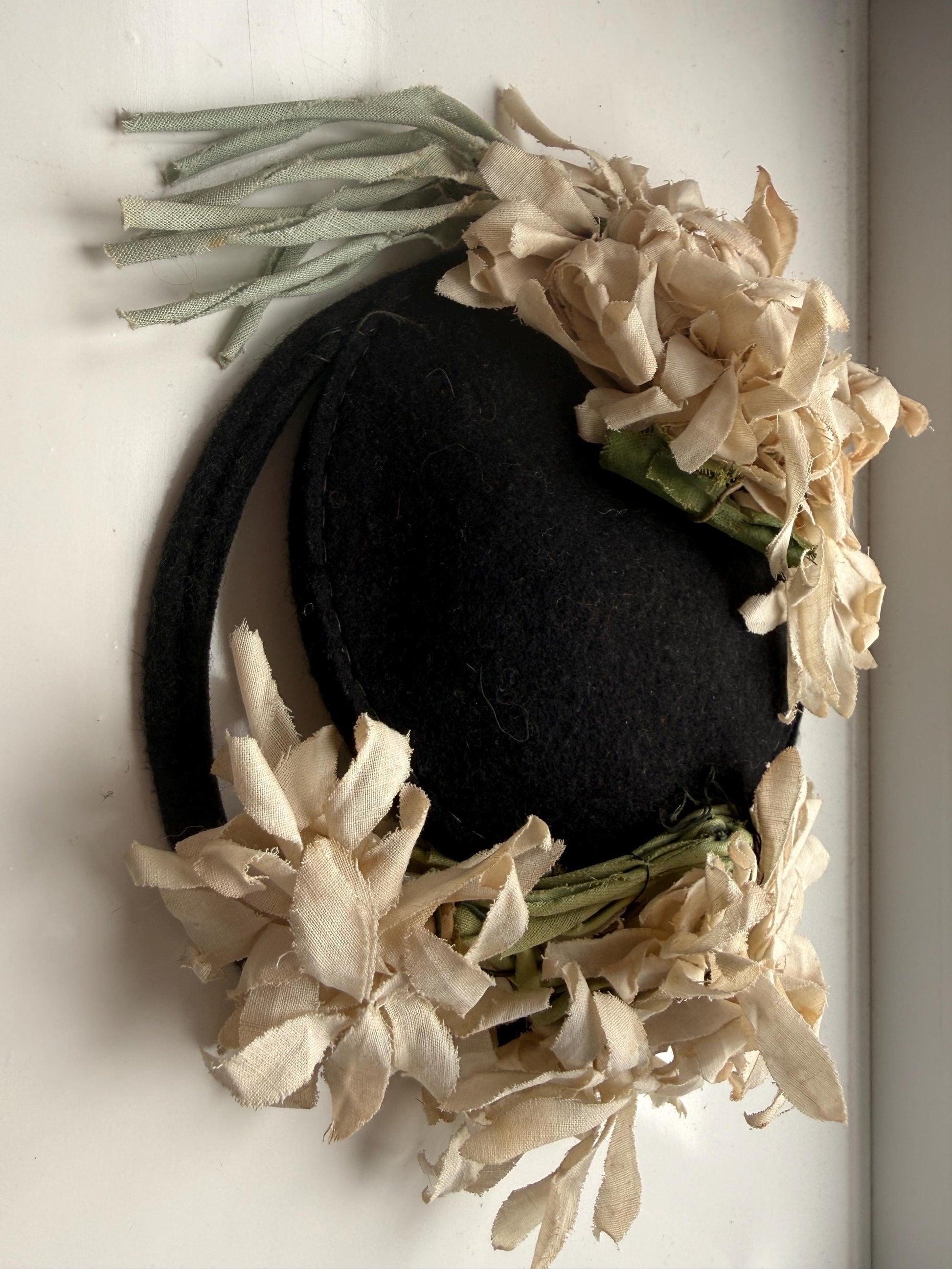 1930s Black Felt Floral Tilt Hat | Vintage 30s 40s Silk Flower Headpiece | Romantic Cocktail Hat | Antique Style Millinery