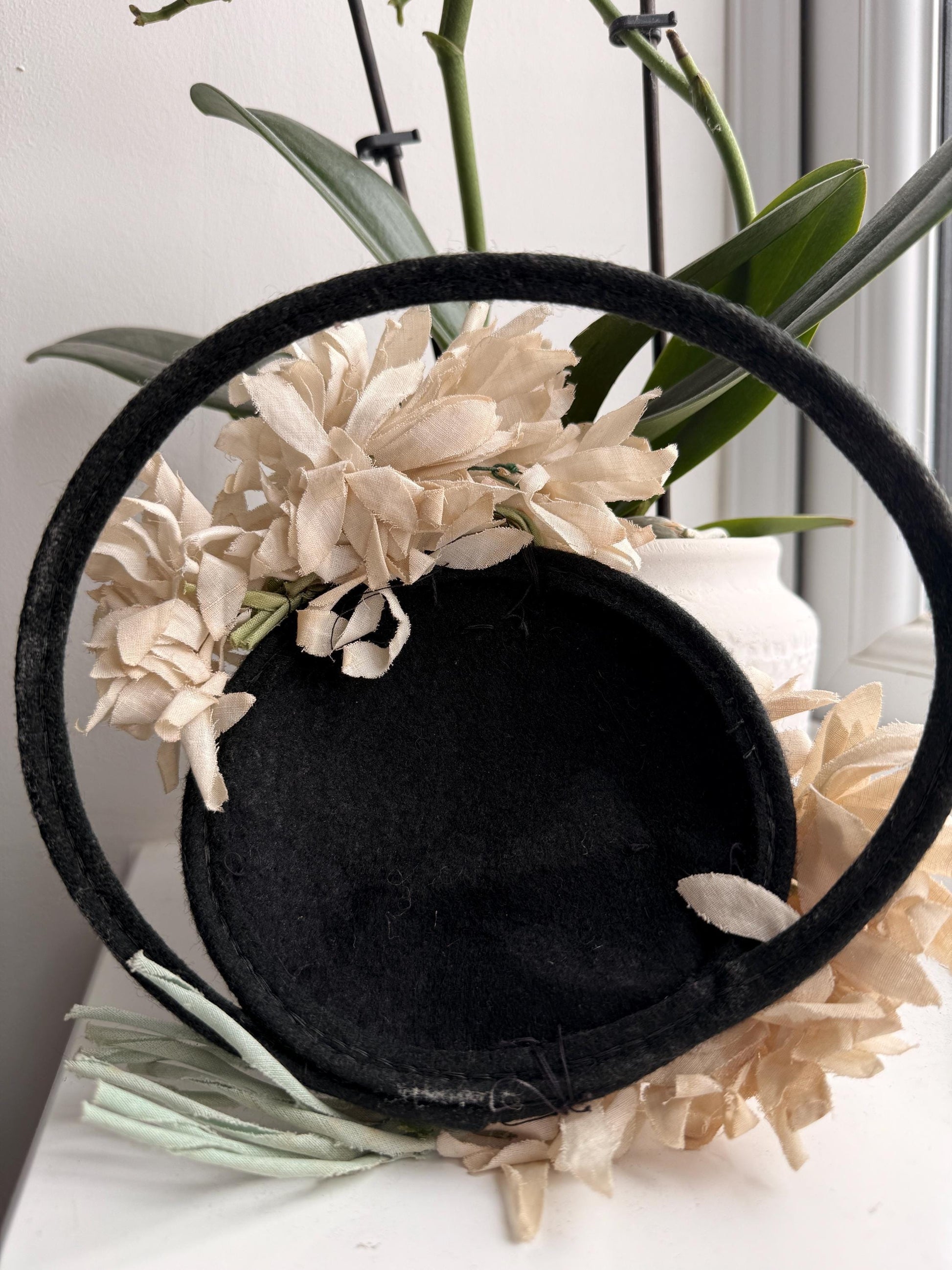 1930s Black Felt Floral Tilt Hat | Vintage 30s 40s Silk Flower Headpiece | Romantic Cocktail Hat | Antique Style Millinery