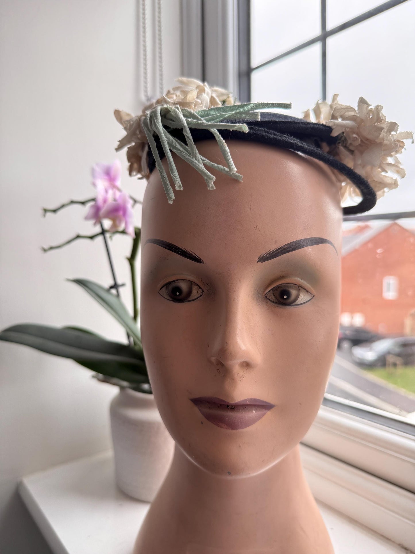 1930s Black Felt Floral Tilt Hat | Vintage 30s 40s Silk Flower Headpiece | Romantic Cocktail Hat | Antique Style Millinery