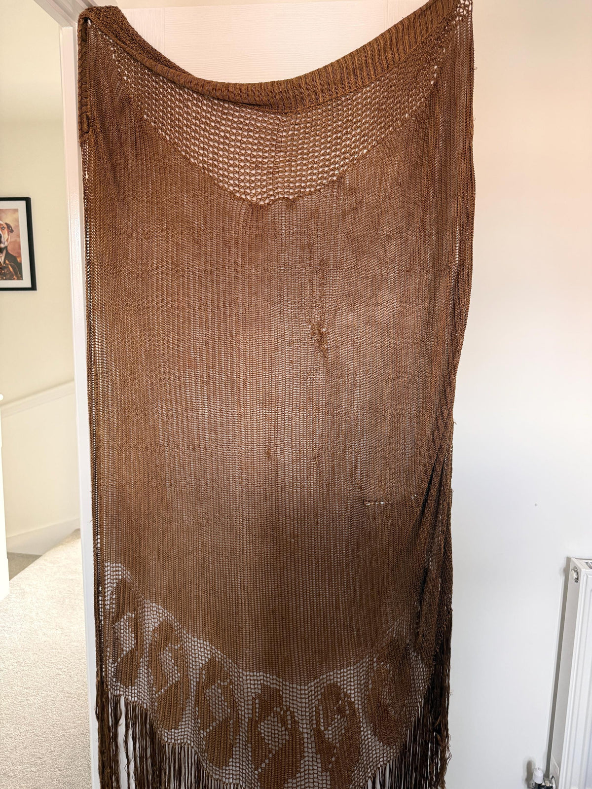 Vintage 1930s Bronze Crochet Piano Shawl 40 x 65 Inch Floral Rose Fringe Art Deco Evening Wrap