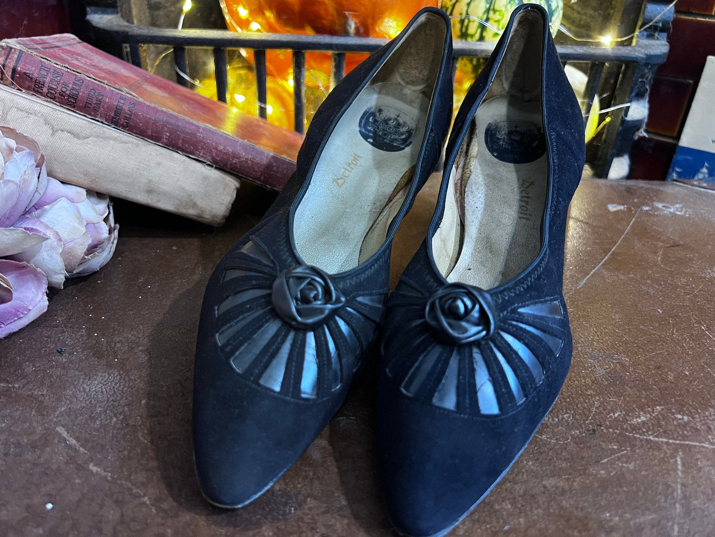 1940’s Vintage Shoes Black Suede Gold Cross Shoes Black Suede UK5.5 - Vintage stiletto - Vintage Shoes, 1940s Vintage Footwear, vintage shoe