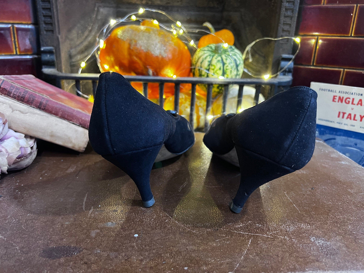1940’s Vintage Shoes Black Suede Gold Cross Shoes Black Suede UK5.5 - Vintage stiletto - Vintage Shoes, 1940s Vintage Footwear, vintage shoe